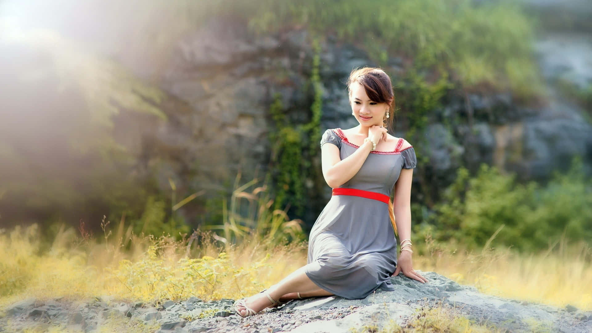 gray dress, red belt, sunlit rock, Full HD Desktop Wallpaper
