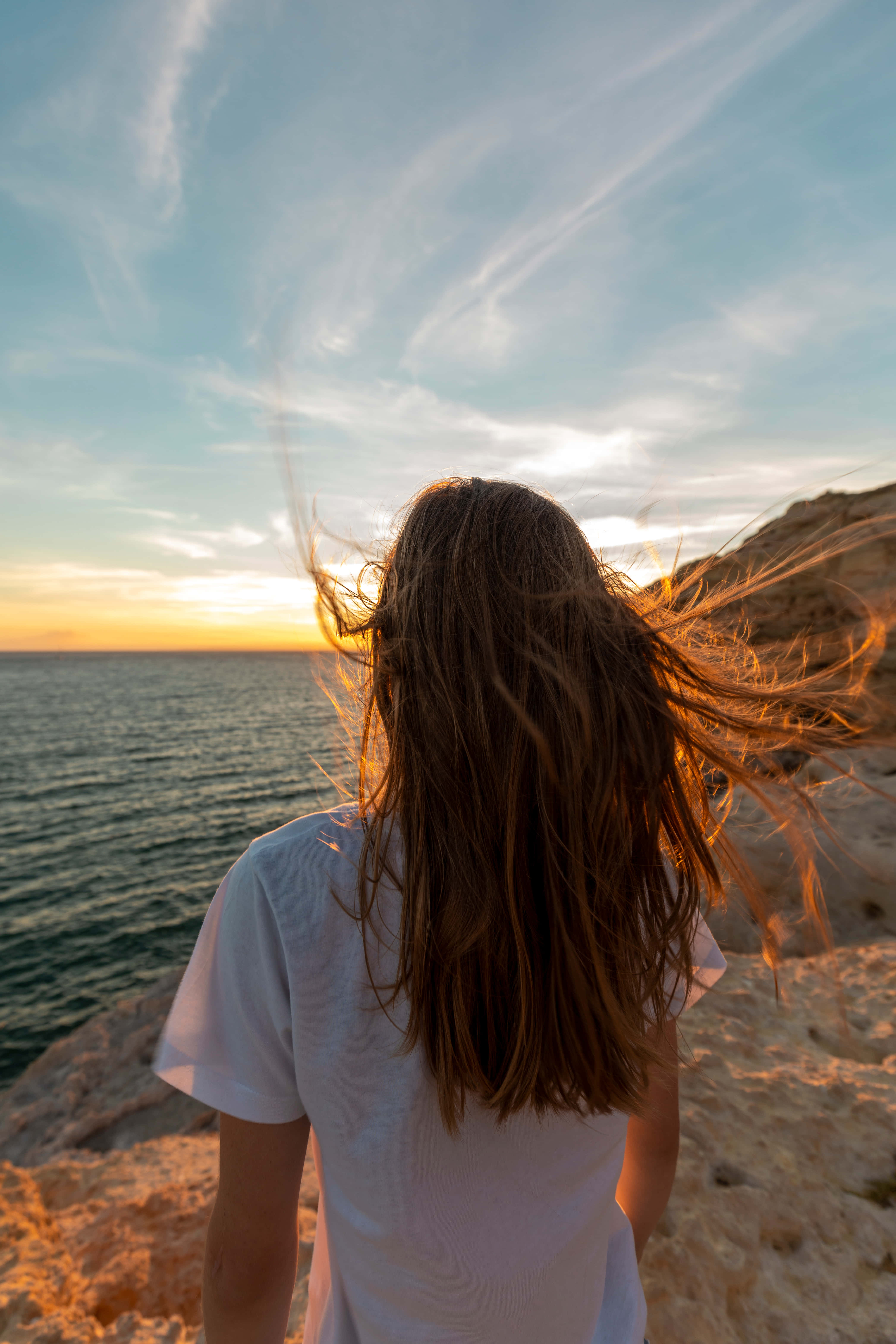 carefree single woman, sea, cliff, 5K Phone Wallpaper