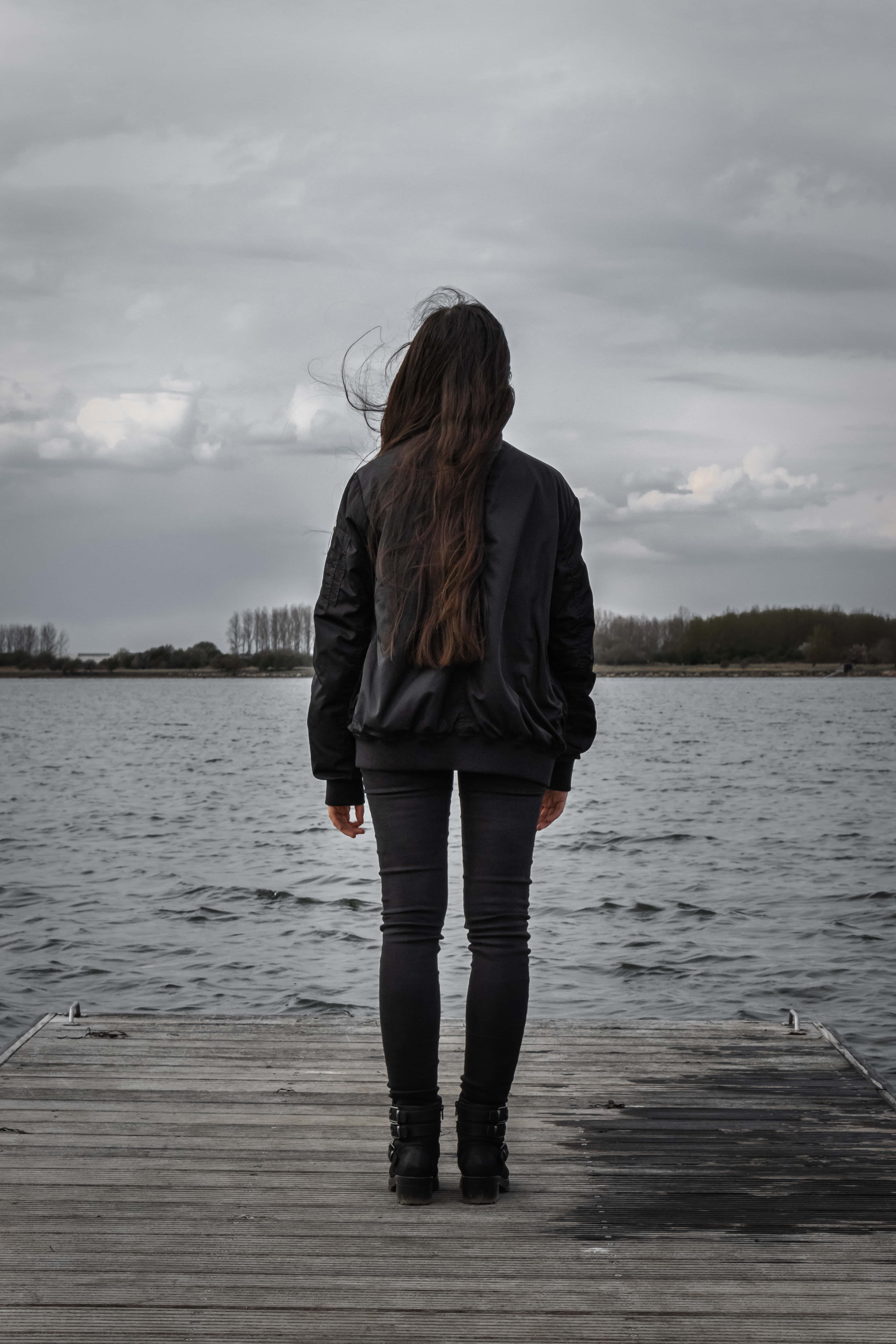 single woman, black, lake, 5K Phone Wallpaper