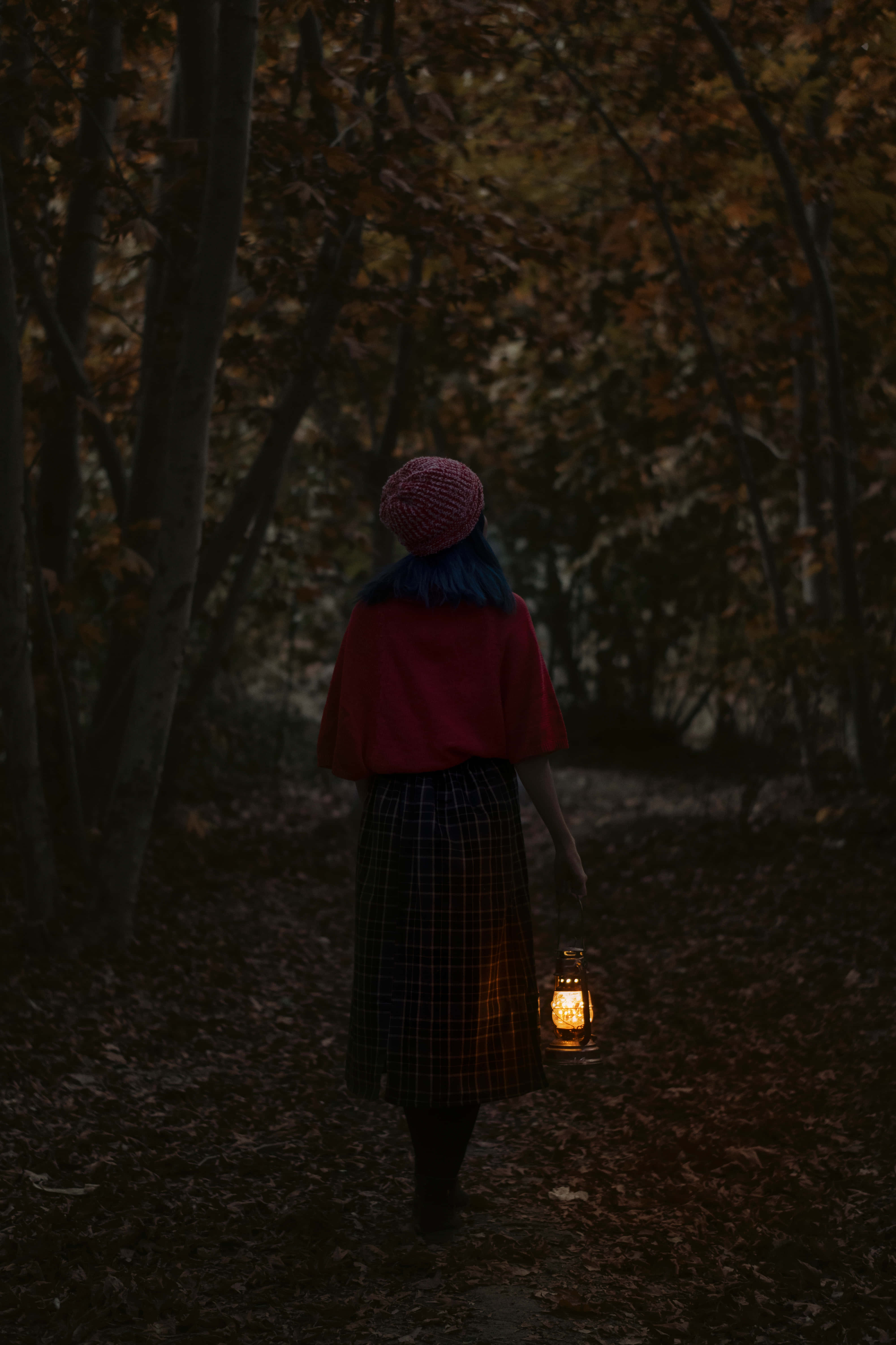 blue hair, red hat, dim autumn forest, 5K Phone Wallpaper