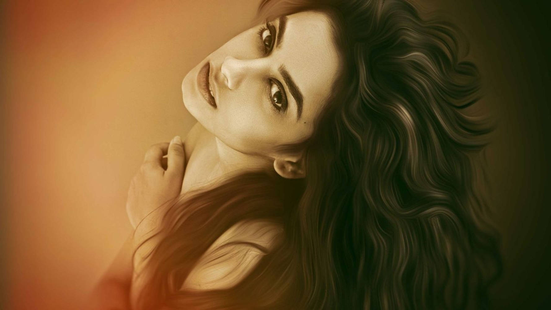 high artistry portrait, flowing dark hair, warm gradient background, HD Desktop Wallpaper