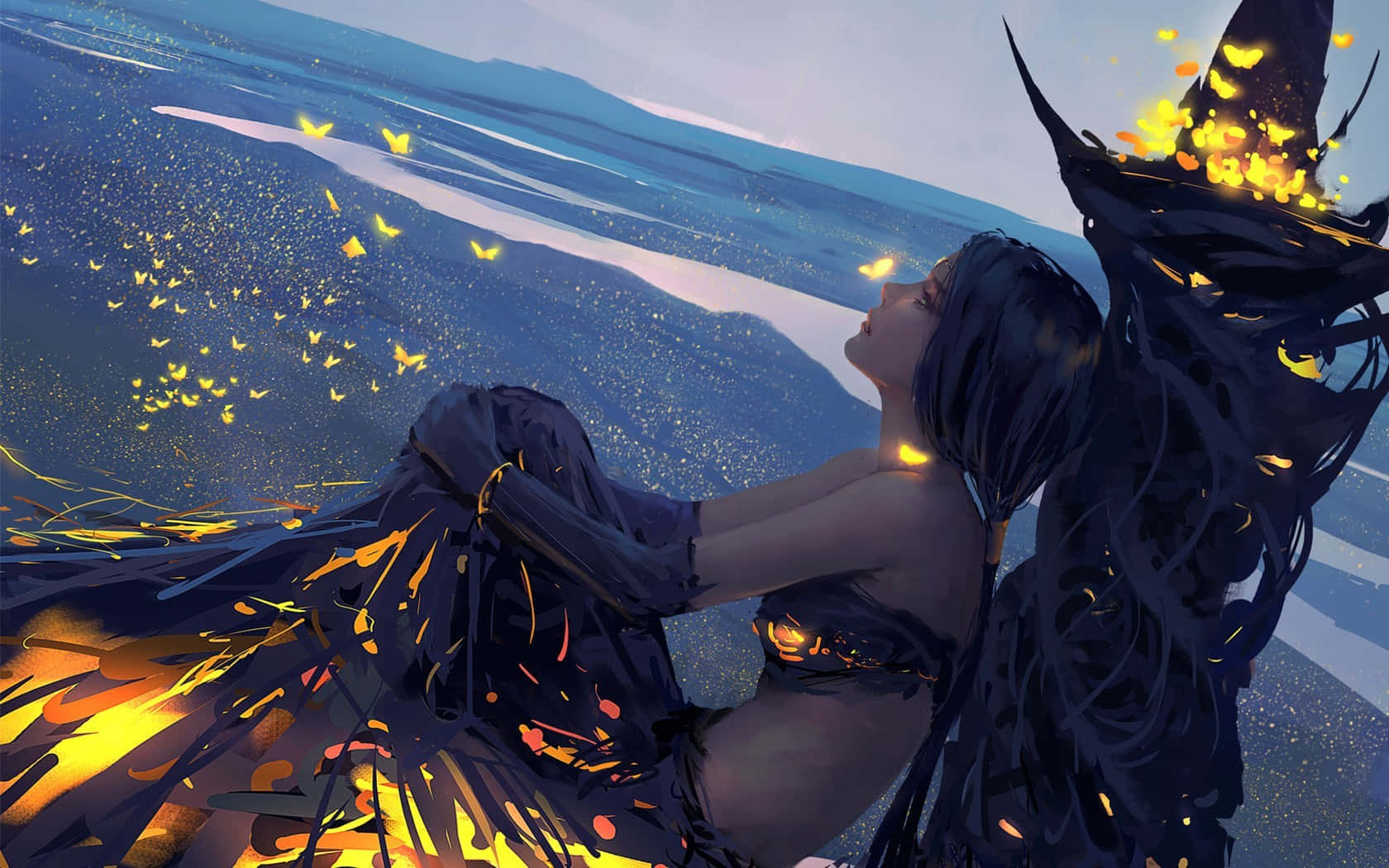 dark-haired witch, flowing black robe, glowing mountain, HD Desktop Wallpaper