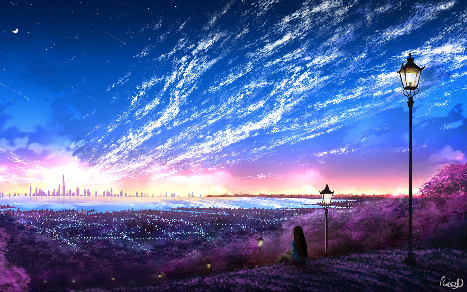 woman alone on the hill, glowing streetlamps, vibrant purple and blue sky, Full HD Desktop Wallpaper