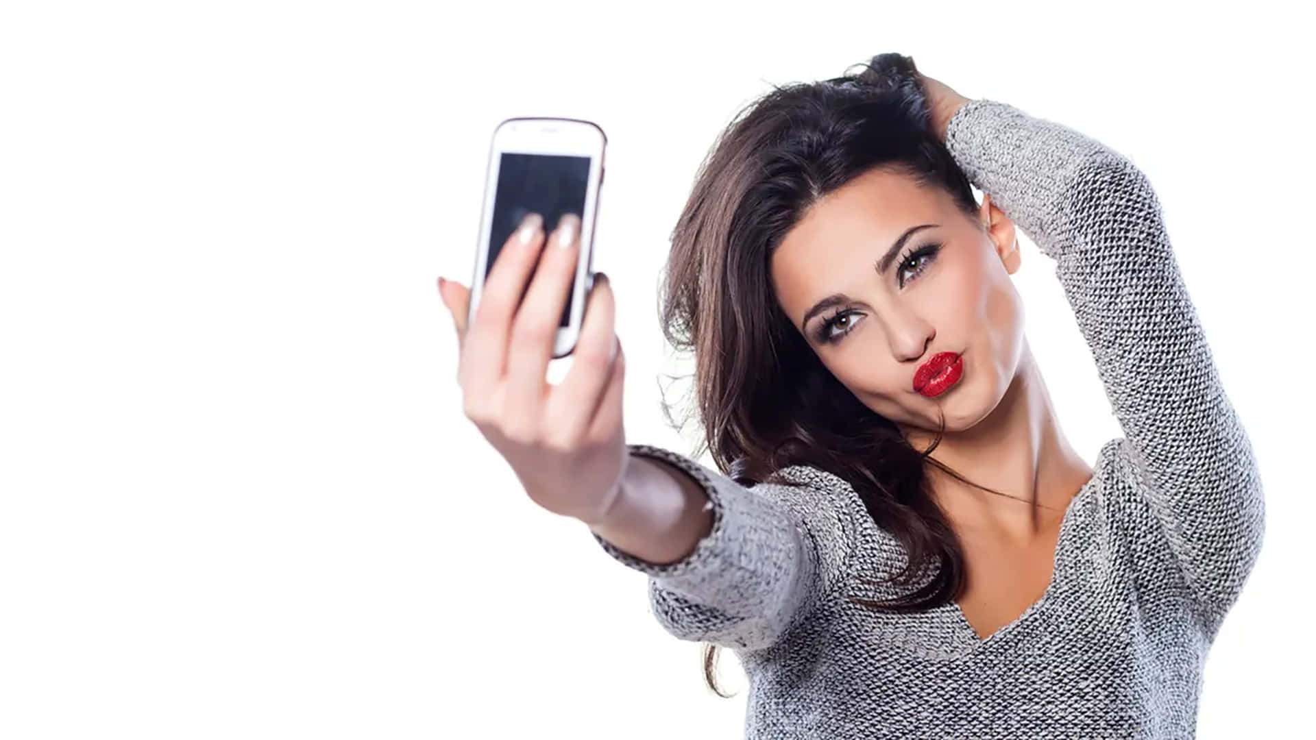 gray sweater, bright red lips, stark white background, Full HD Desktop Wallpaper