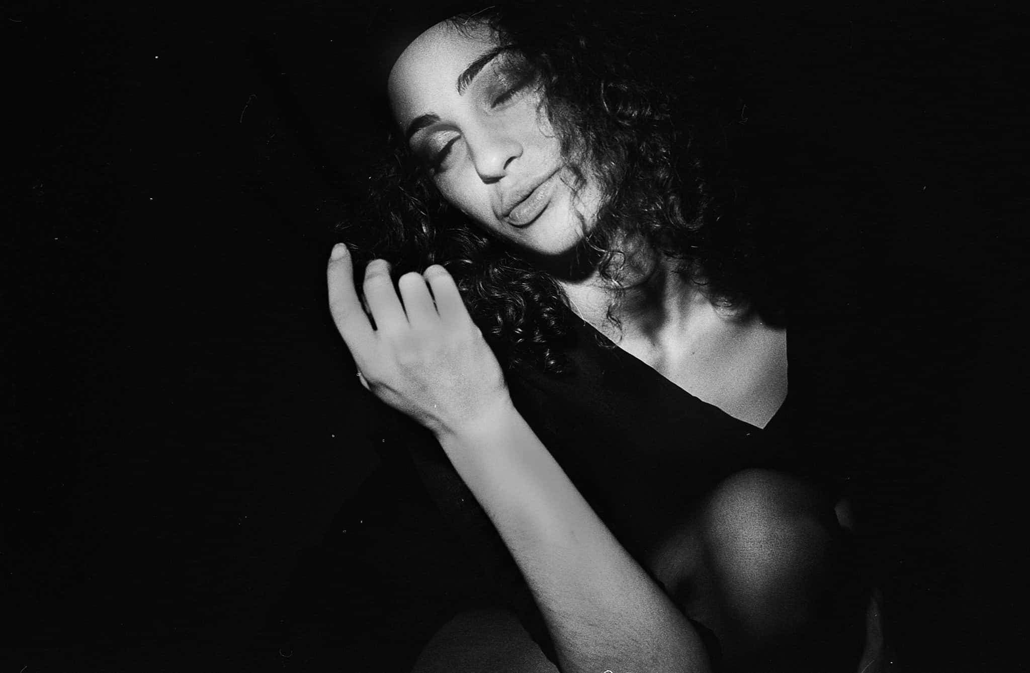 monochrome portrait, smiling woman, curly hair, Full HD Desktop Wallpaper