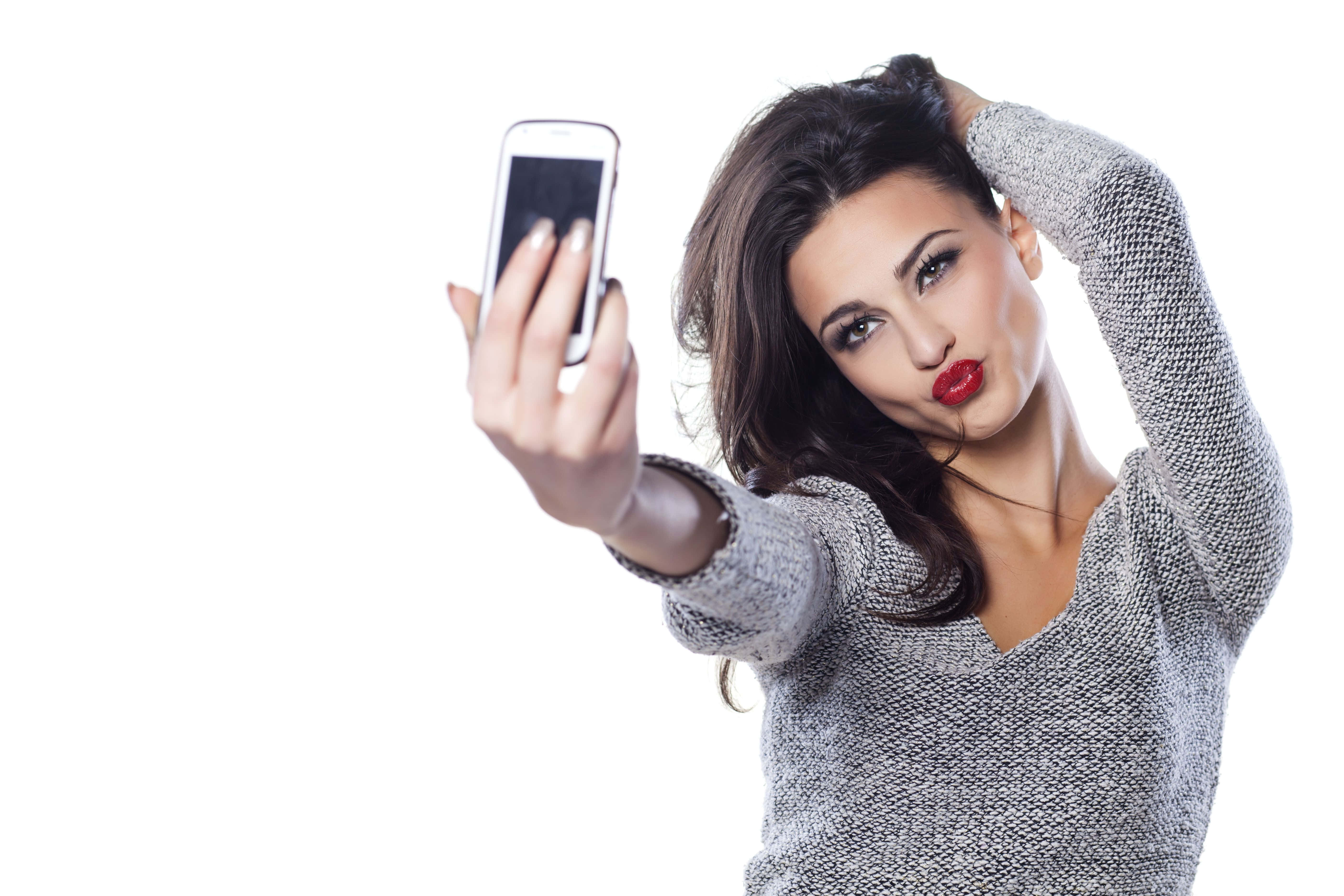 gray sweater, bright red lips, stark white background, 5K Desktop Wallpaper