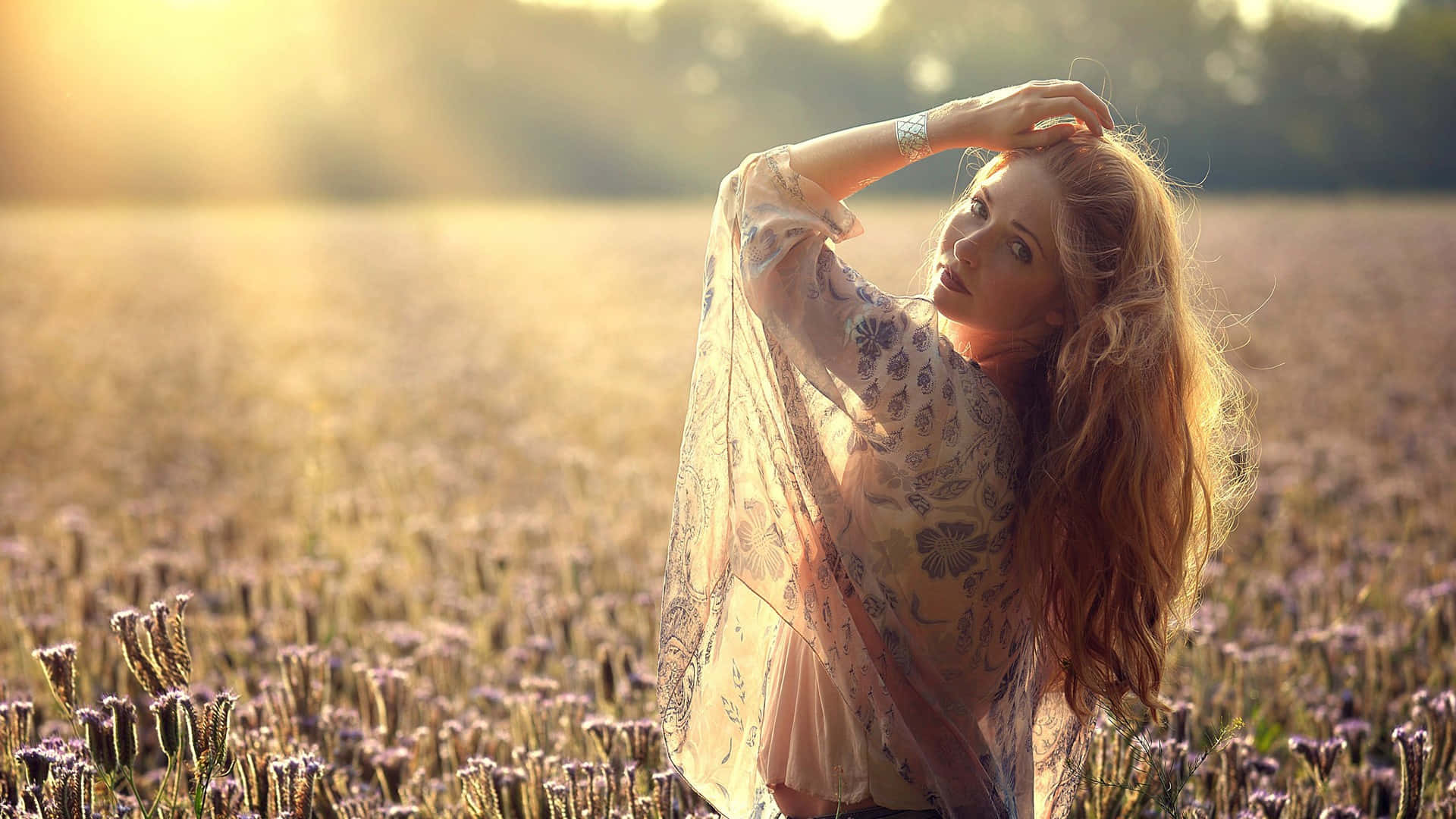 single woman, long red hair, sunlit lavender field, Full HD Desktop Wallpaper