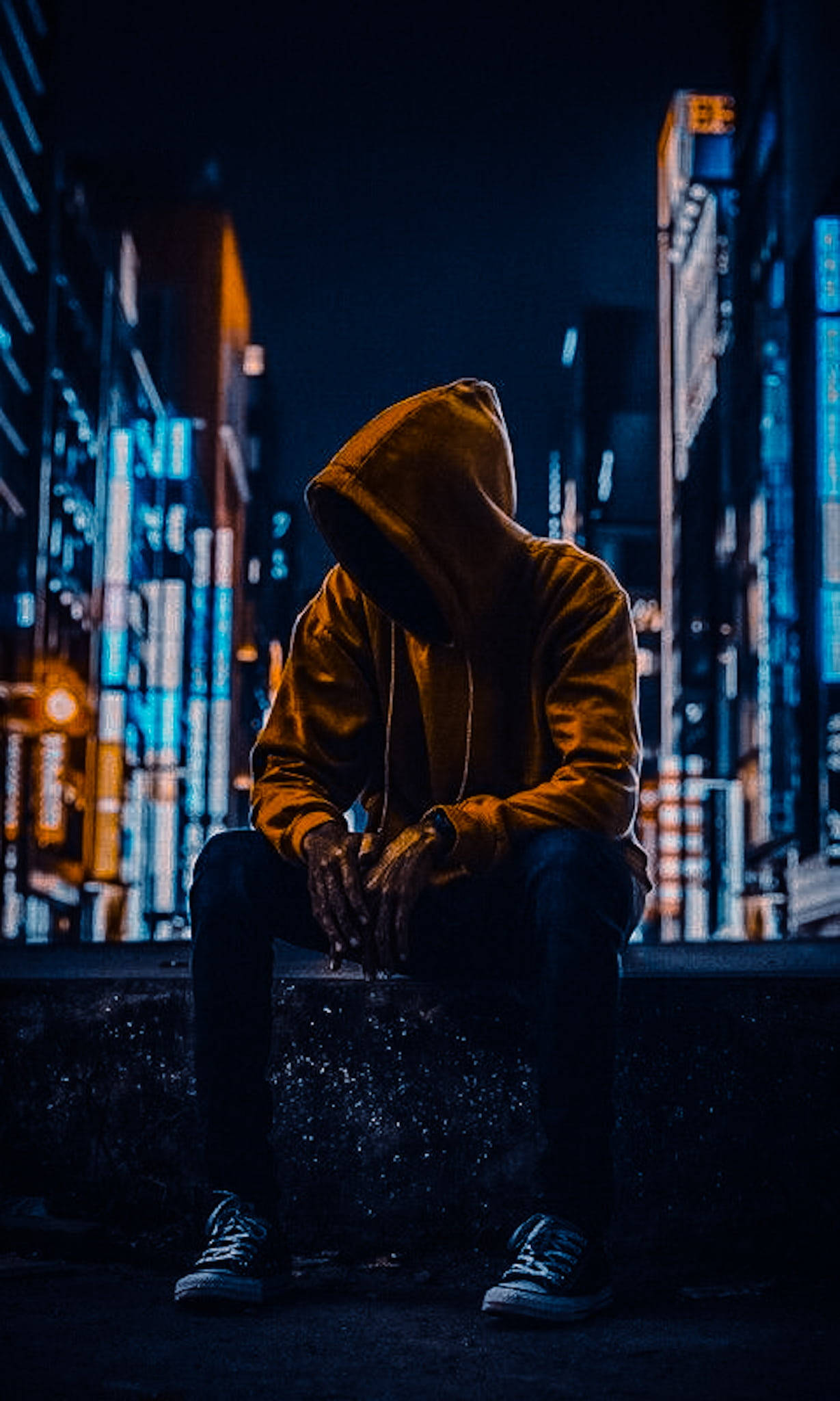 hooded figure, neon-lit cityscape, night, Full HD Phone Wallpaper
