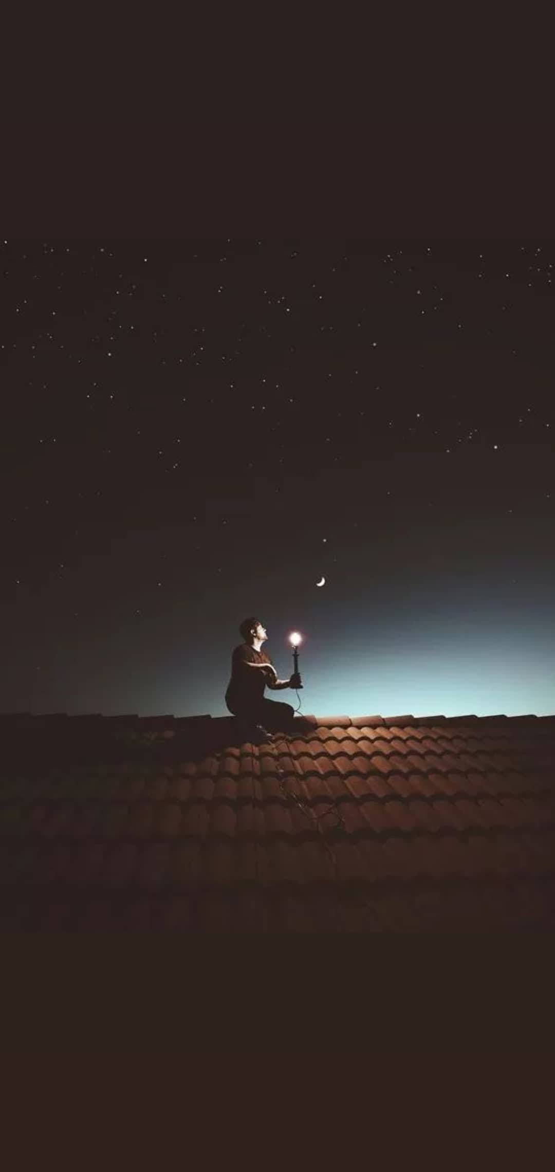 Single Man And The Moon, crescent moon, tiled roof, Full HD Phone Wallpaper