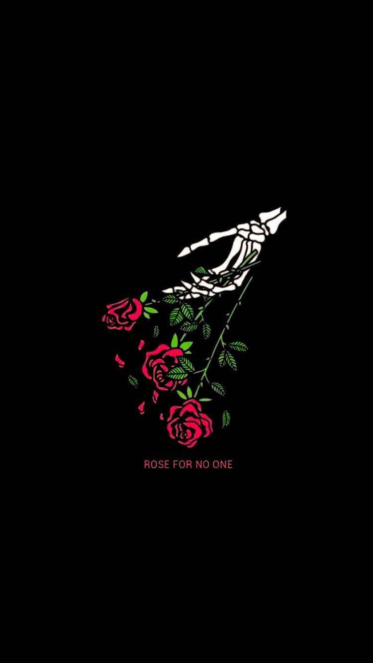 skeletal hand, vibrant red rose branch, green leaves, HD Phone Wallpaper
