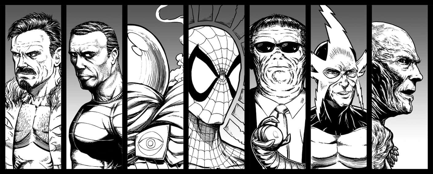 Sinister Six, black and white, comic book style, HD Desktop Wallpaper