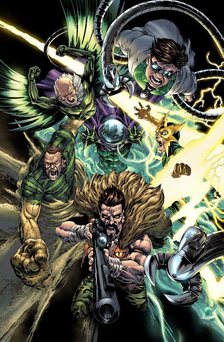 Sinister Six, comic book illustration, glowing energy effects, SD Phone Wallpaper