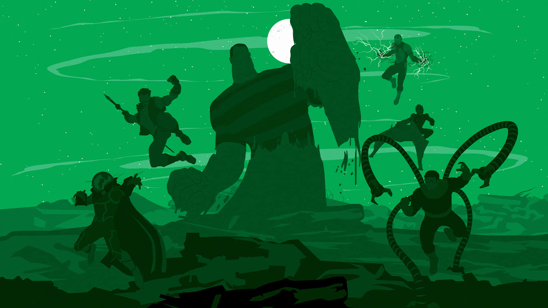 Sinister Six, neon green night sky, glowing moon, Full HD Desktop Wallpaper