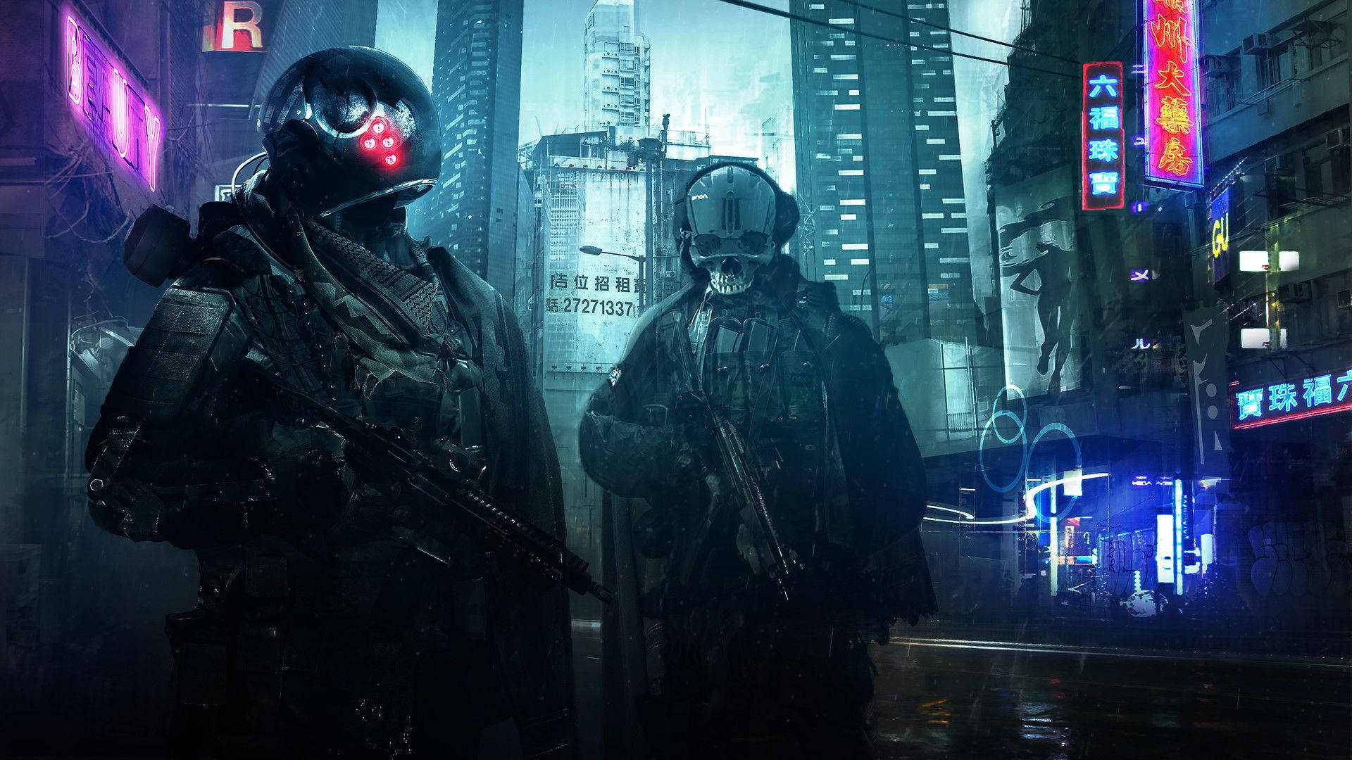 cyberpunk warrior, neon-lit city street, rain-slicked, Full HD Desktop Wallpaper