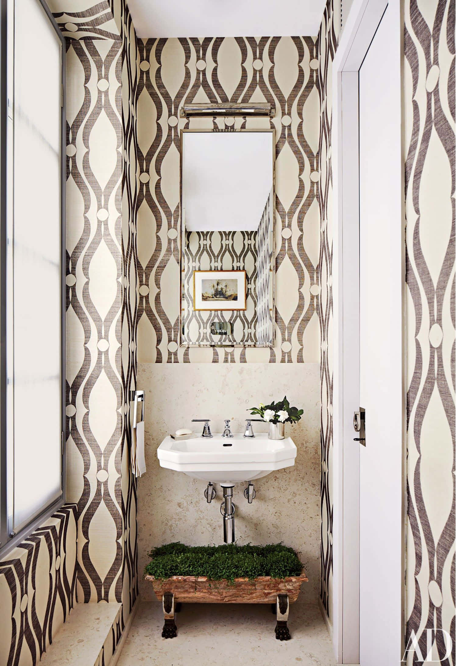 Diminutive Space, geometric patterned wallpaper, white sink, Full HD Phone Wallpaper
