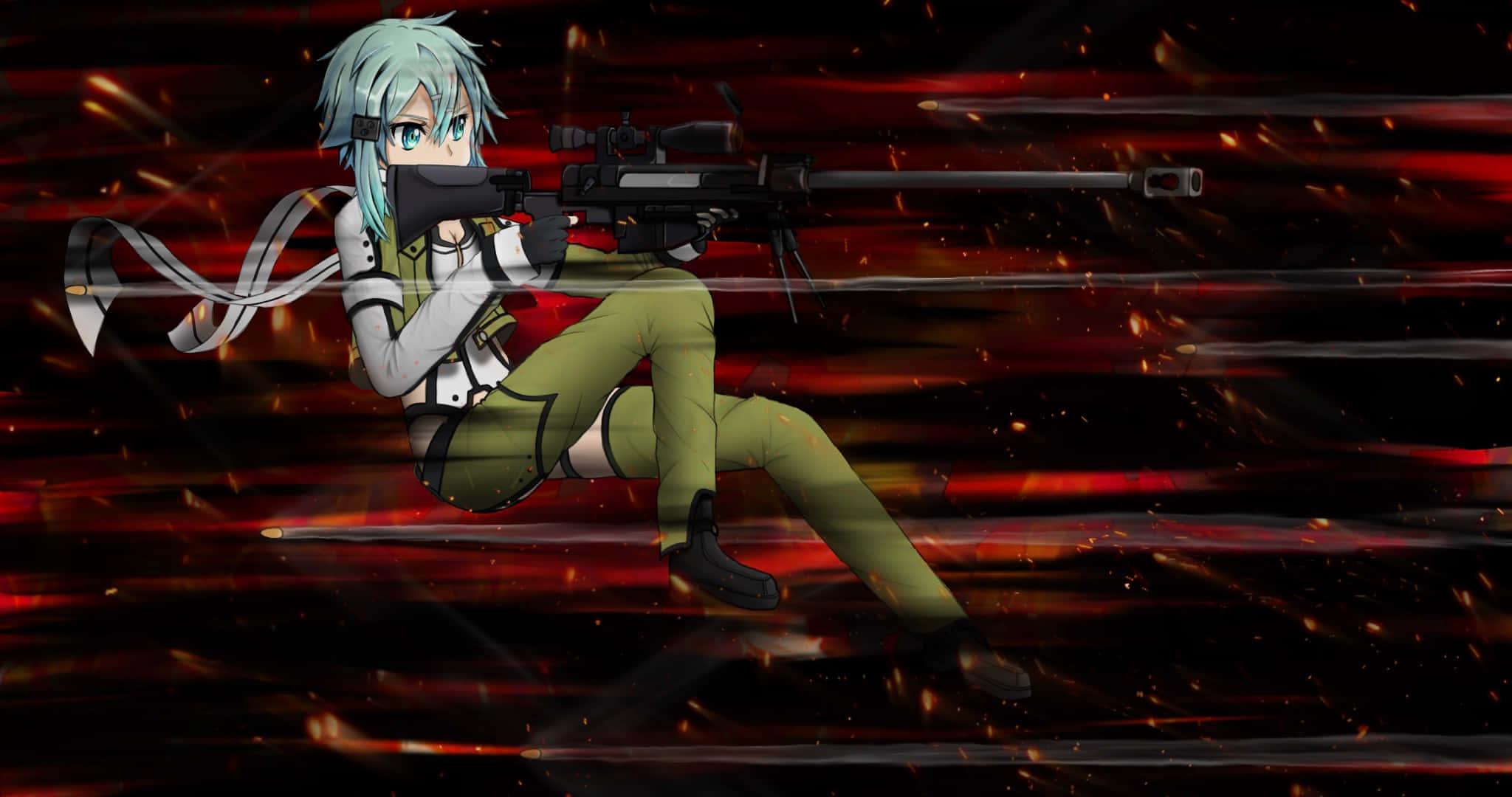 Sinon, light blue hair, sniper rifle, Full HD Desktop Wallpaper