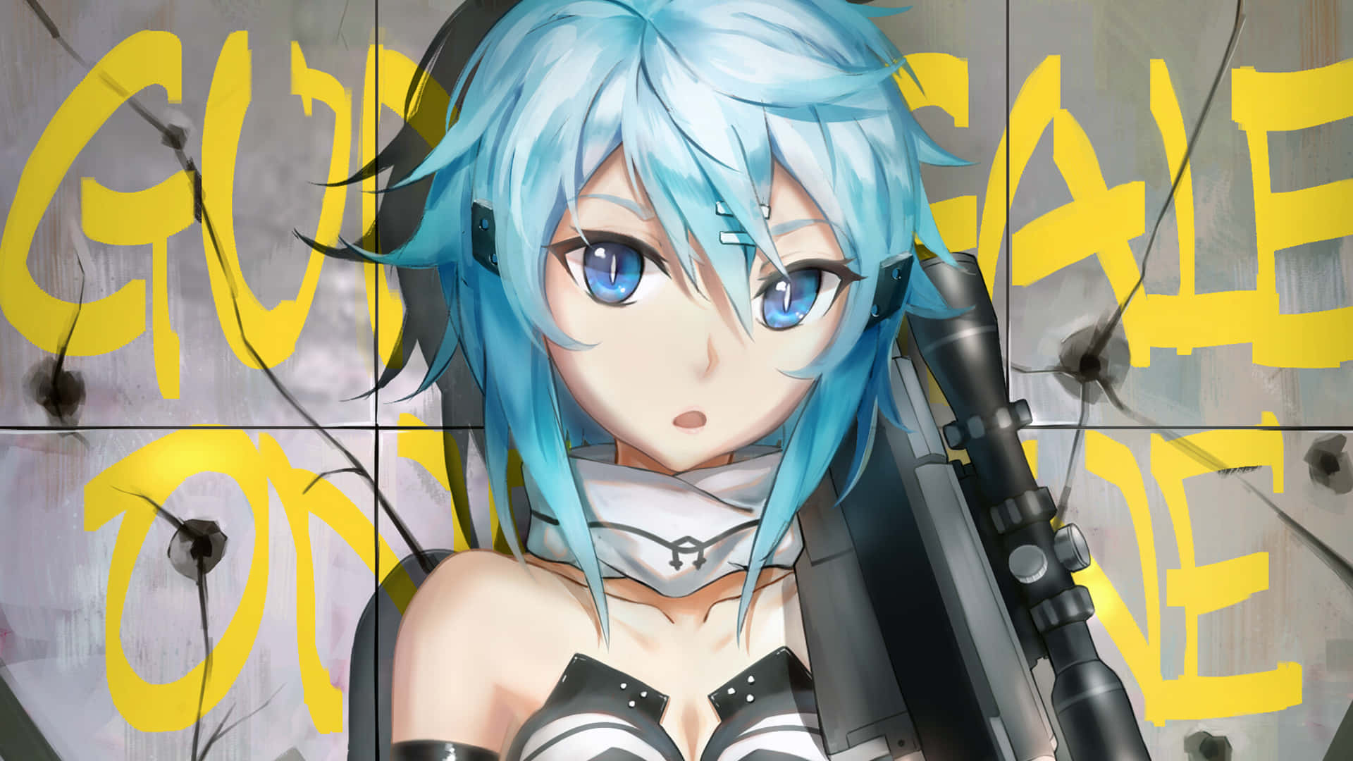 Sinon, blue-haired anime girl, rifle, Full HD Desktop Wallpaper