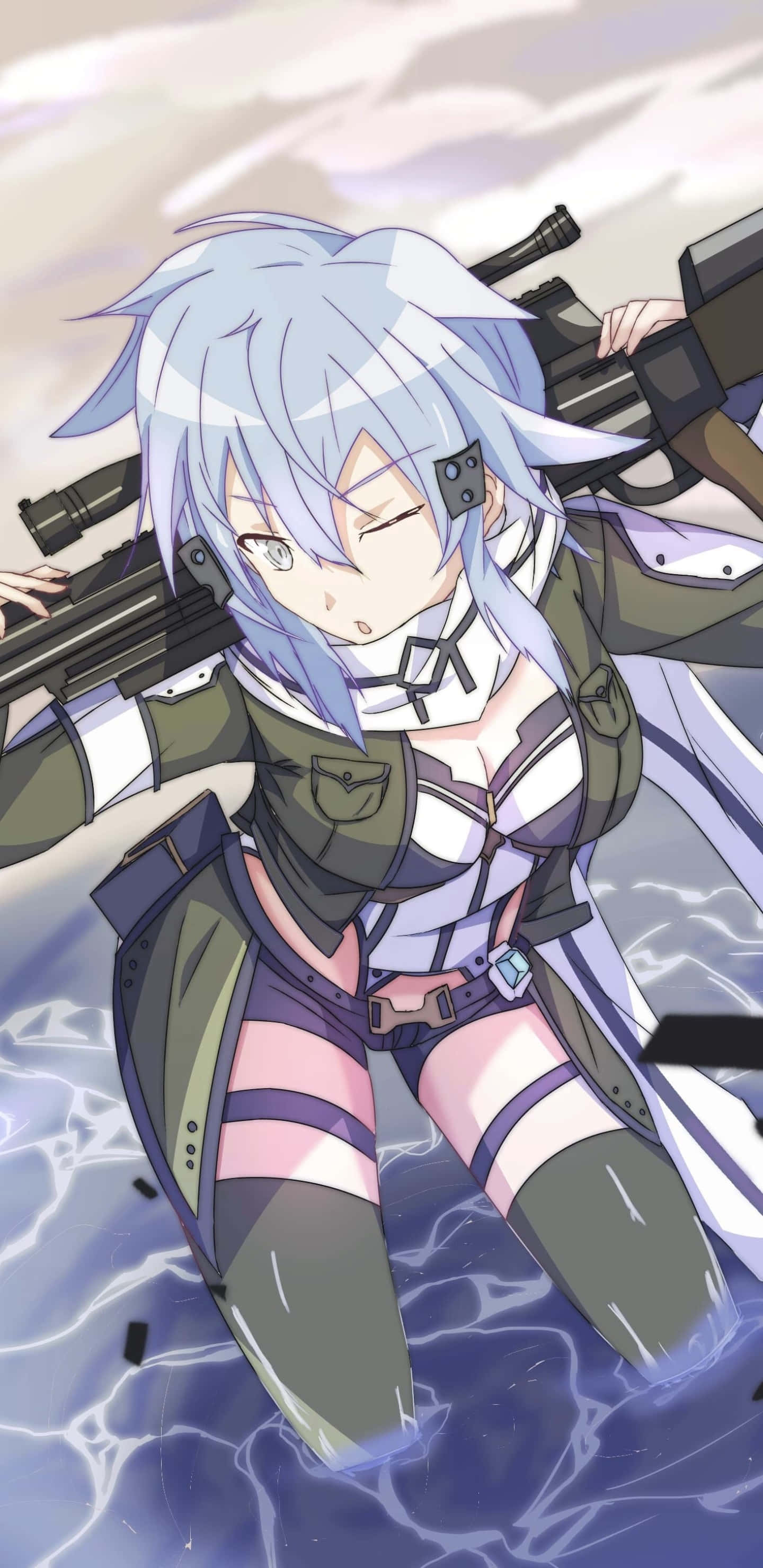 Sinon, silver-haired anime girl, rifle, 2K Phone Wallpaper