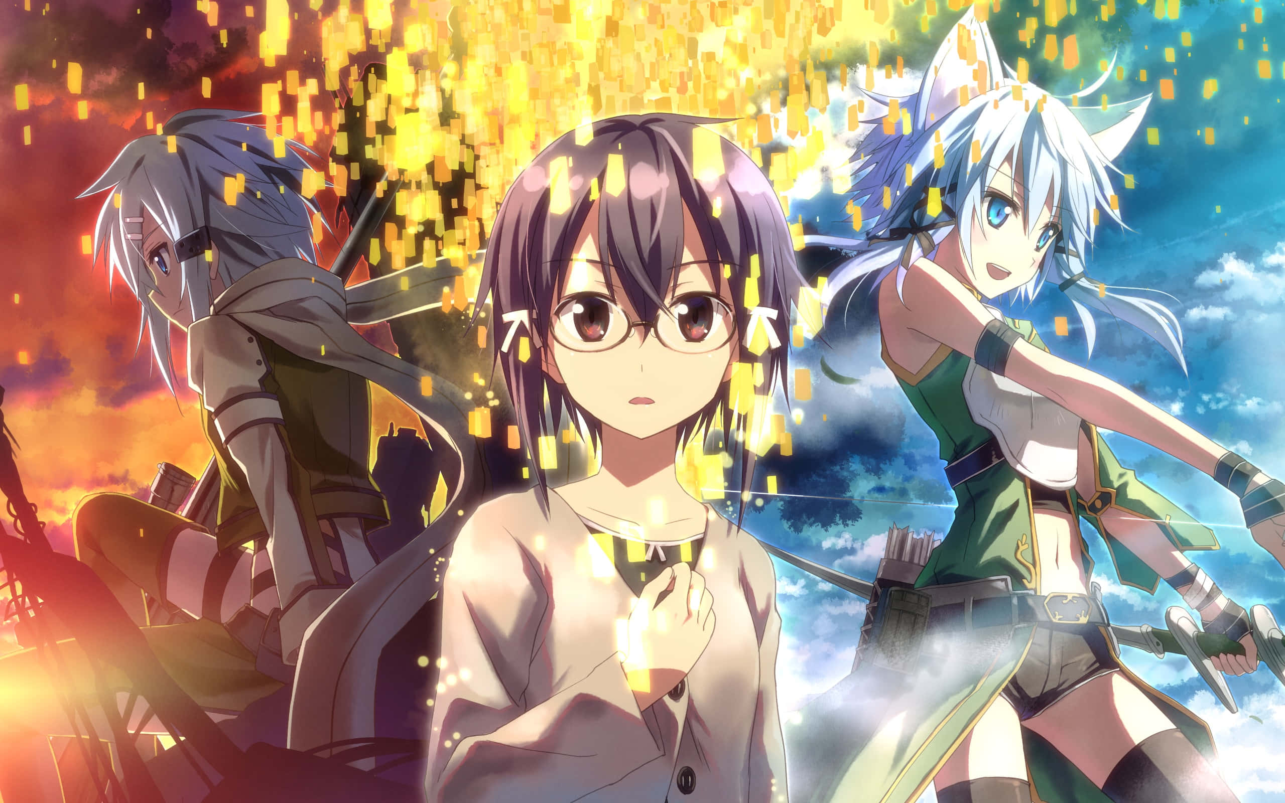 Sinon, sword, fiery sky, 2K Desktop Wallpaper