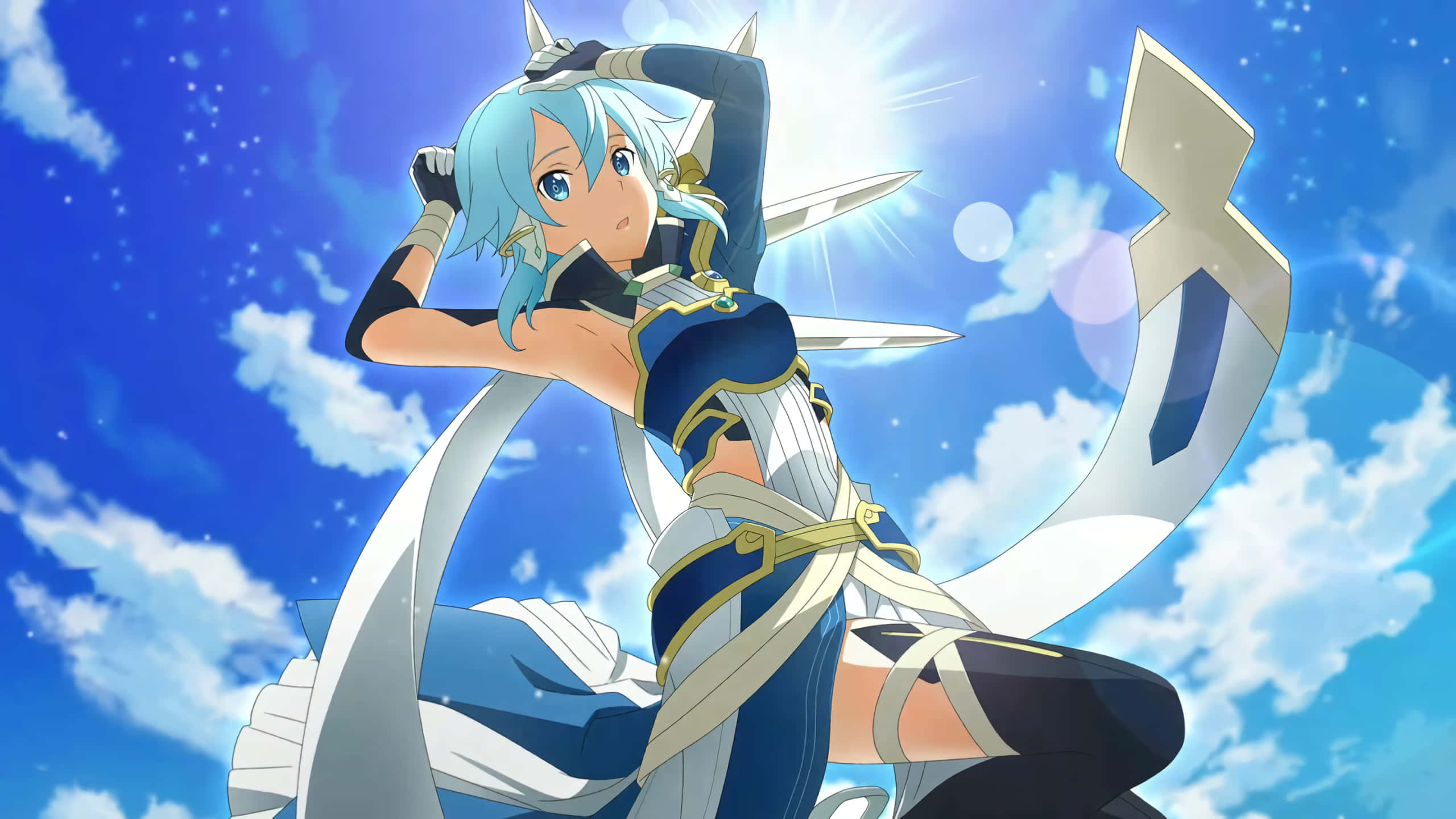 Sinon, blue-haired anime girl, blue and white armor, 2K Desktop Wallpaper