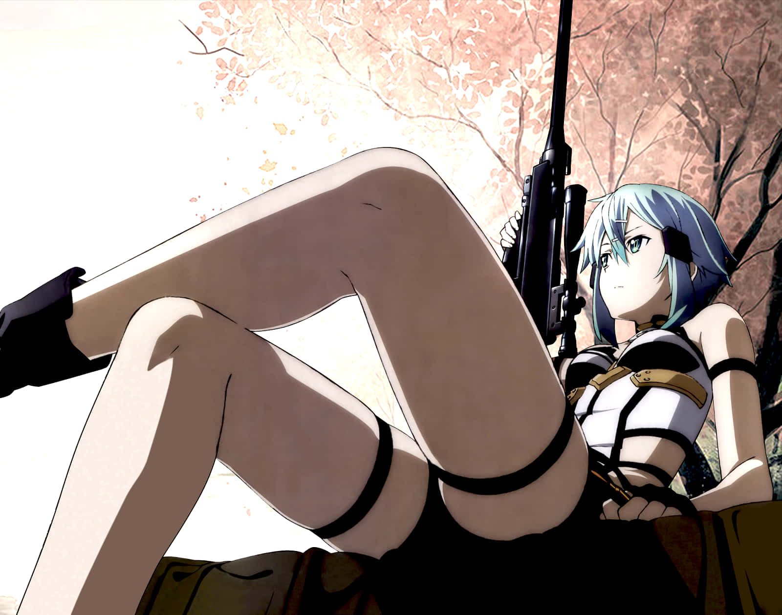 Sinon, blue-haired anime girl, black and white outfit, HD Desktop Wallpaper