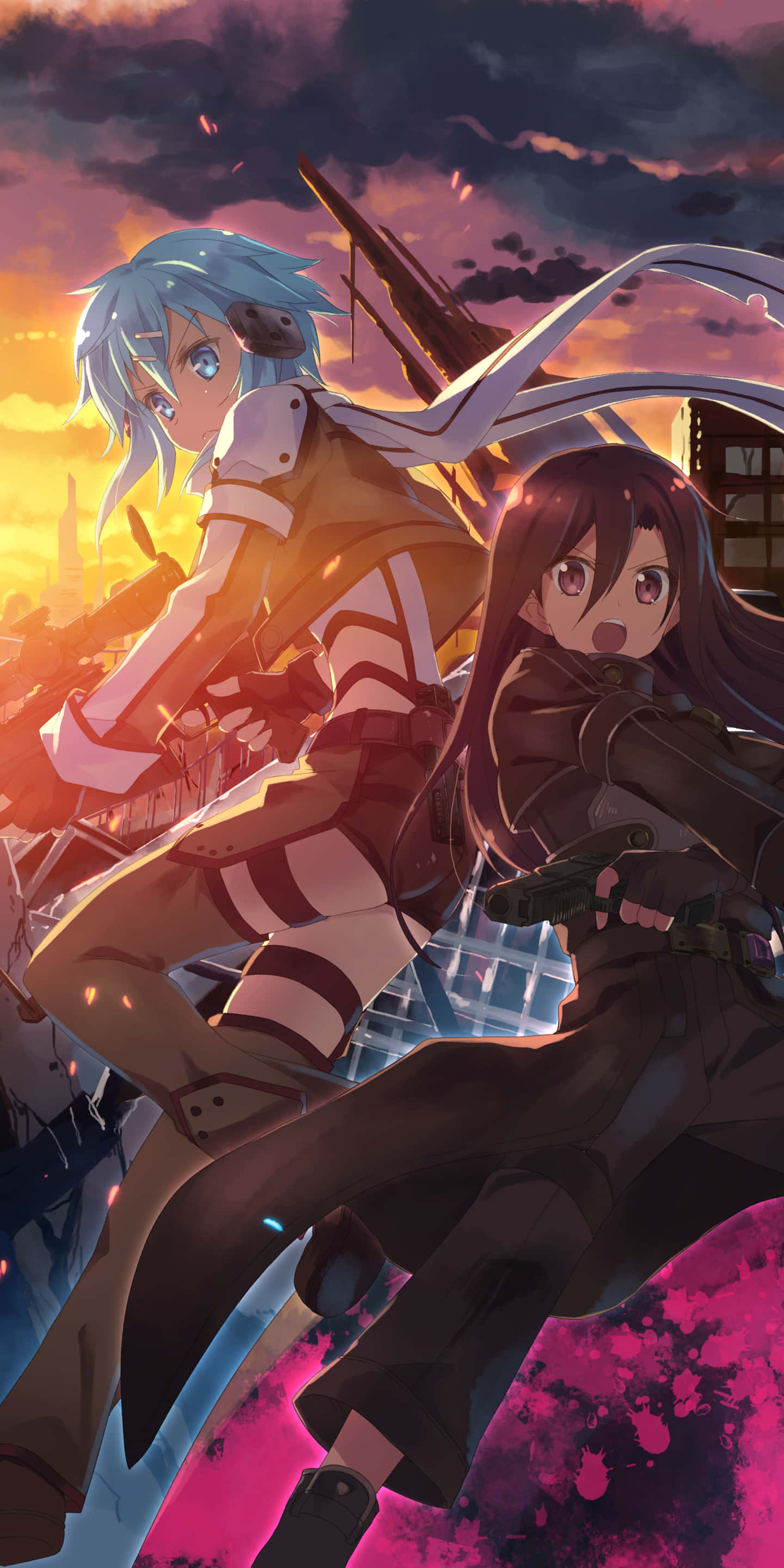Sinon, fiery sunset sky, glowing energy effects, 2K Phone Wallpaper