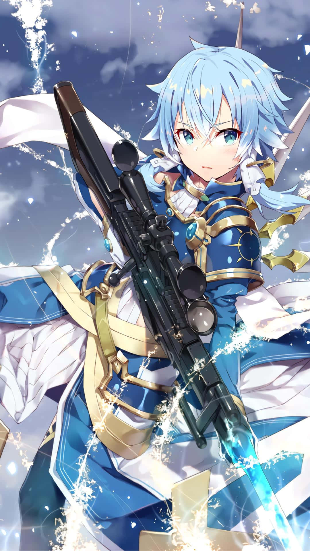 Sinon, blue hair, blue and gold armor, Full HD Phone Wallpaper
