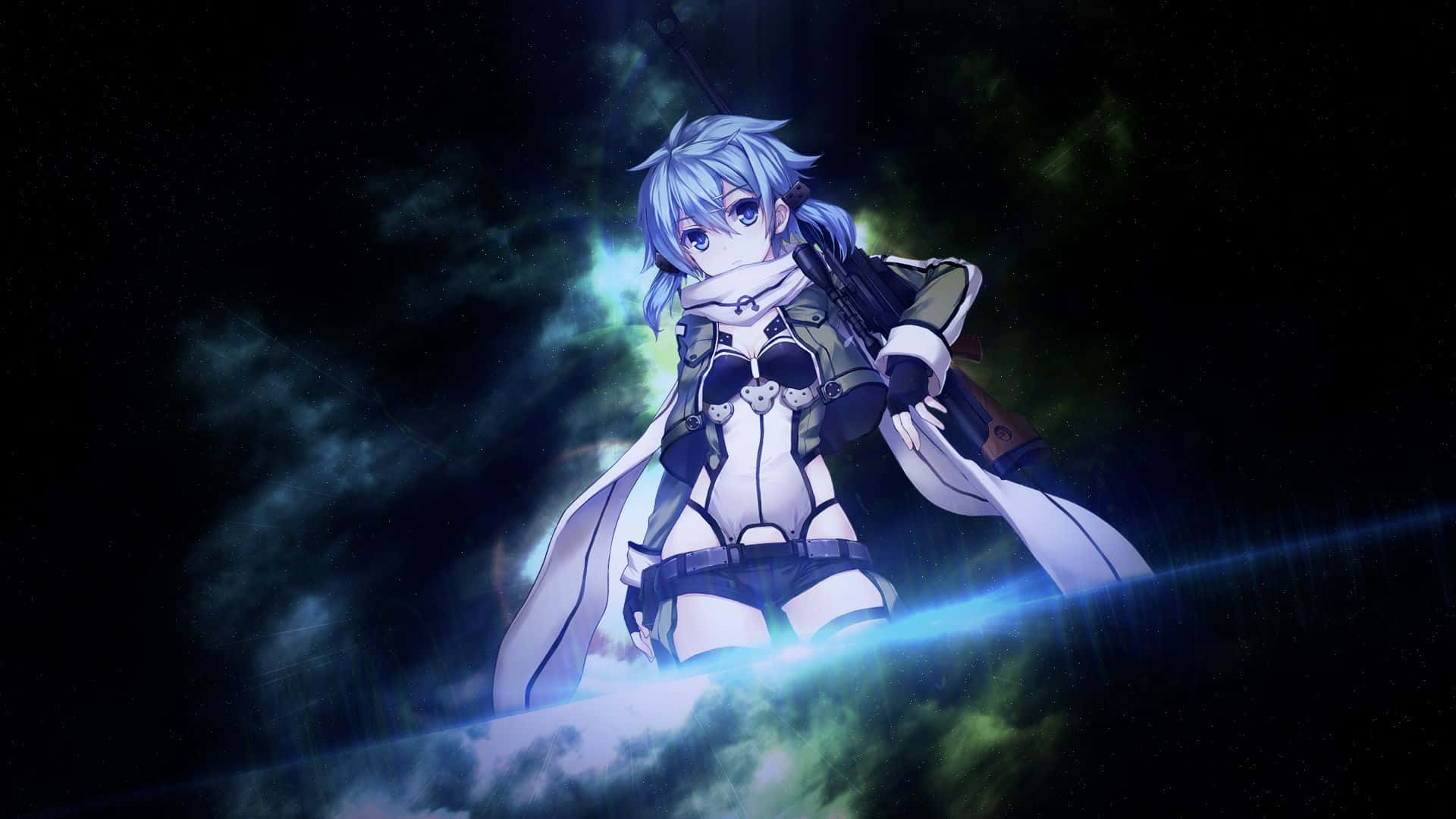 Sinon, blue-haired anime girl, white and black gear, Full HD Desktop Wallpaper