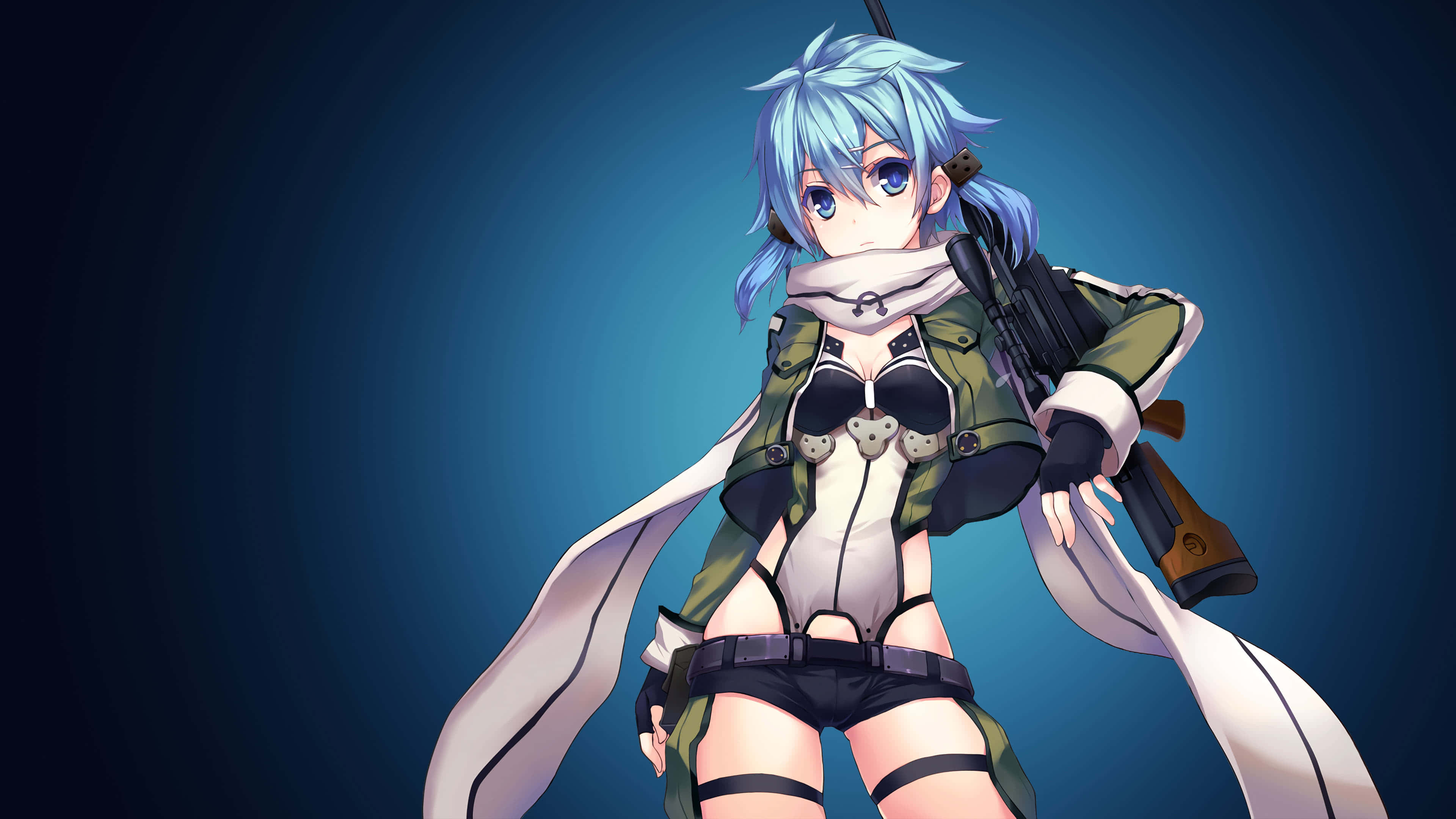 Sinon, blue hair, rifle, 4K Desktop Wallpaper