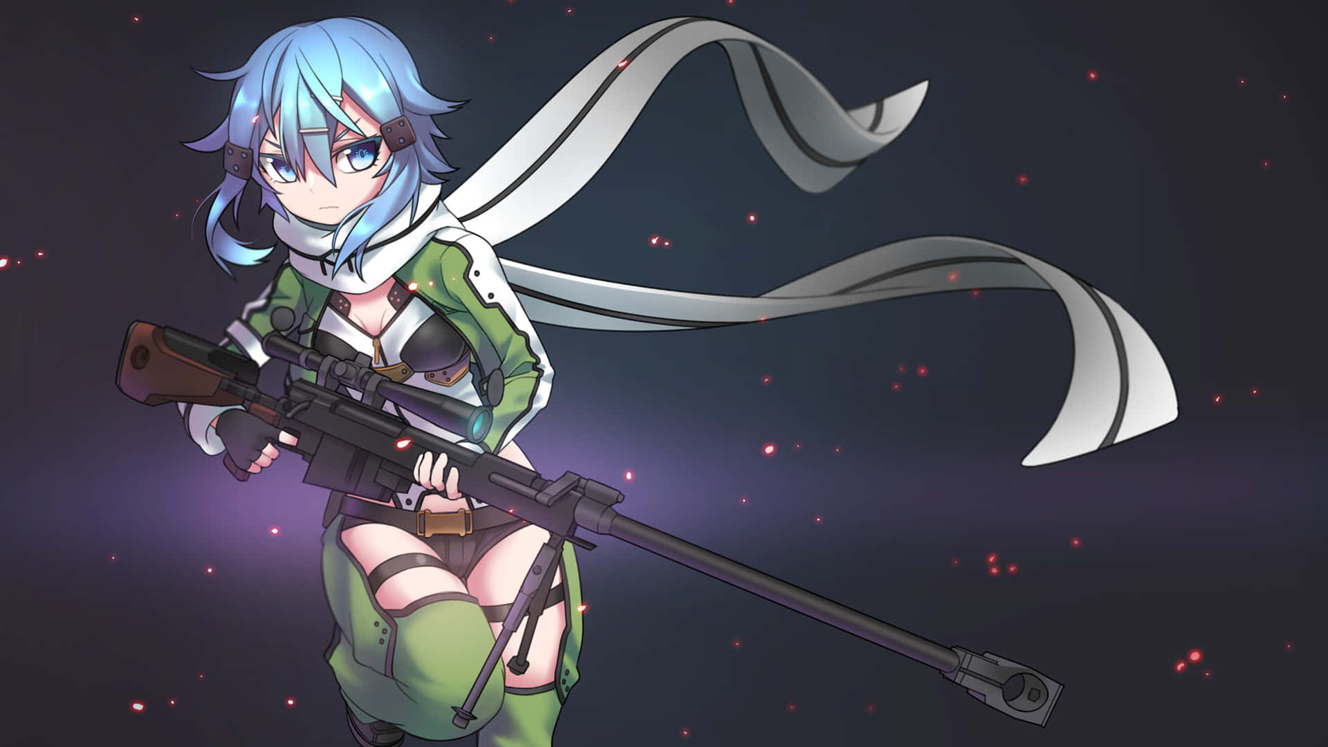Sinon, blue-haired, green combat gear, Full HD Desktop Wallpaper