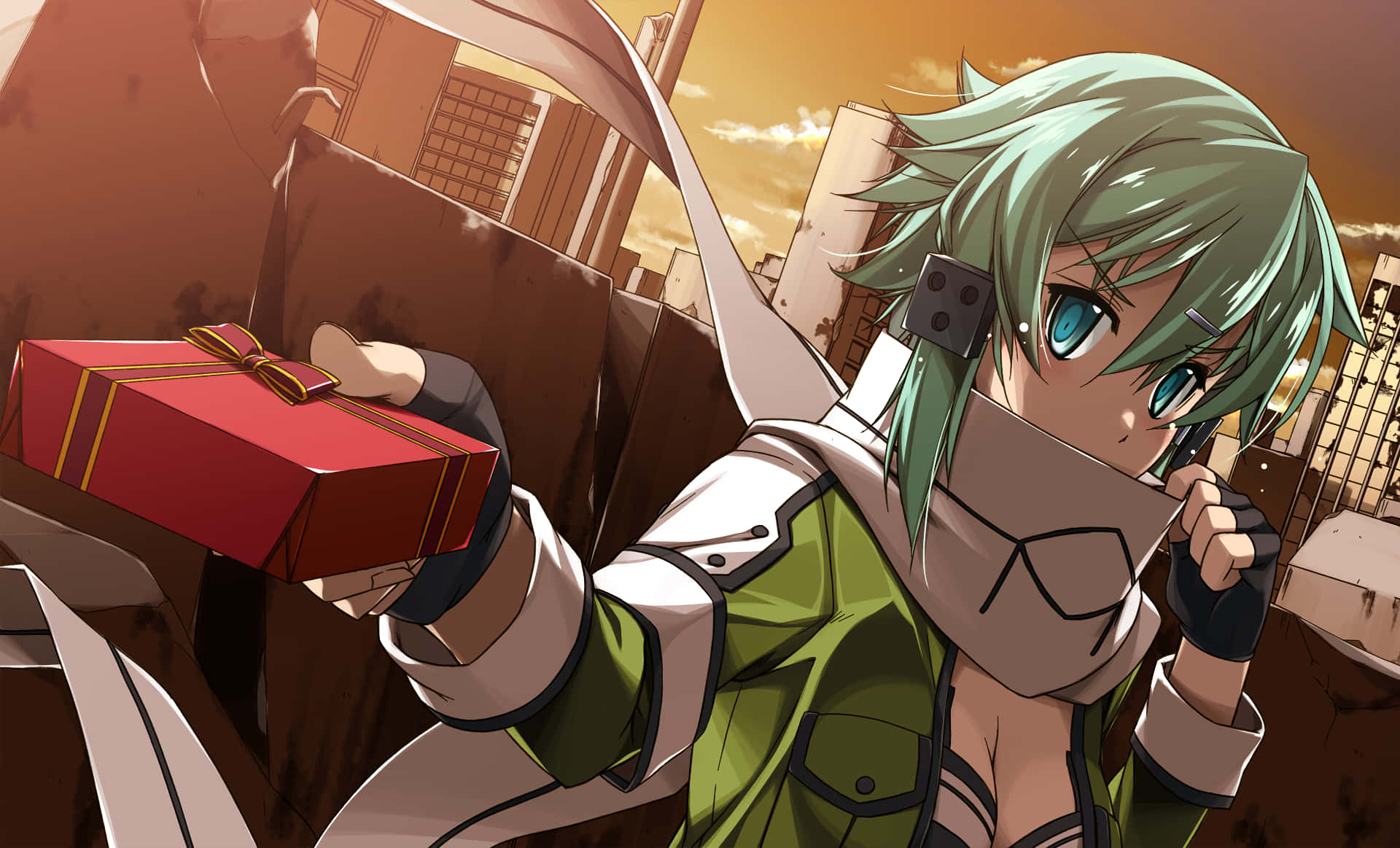 Sinon, green hair, red gift box, Full HD Desktop Wallpaper
