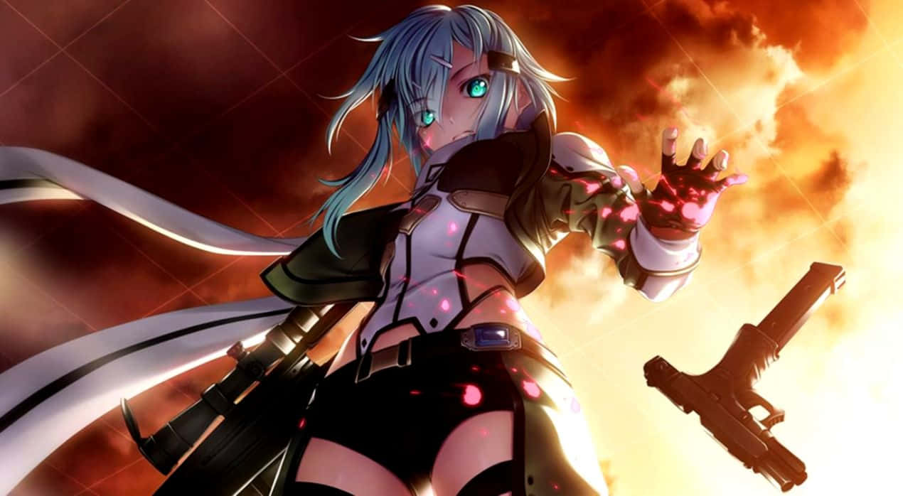 Sinon, blue-haired, glowing green eyes, SD Desktop Wallpaper