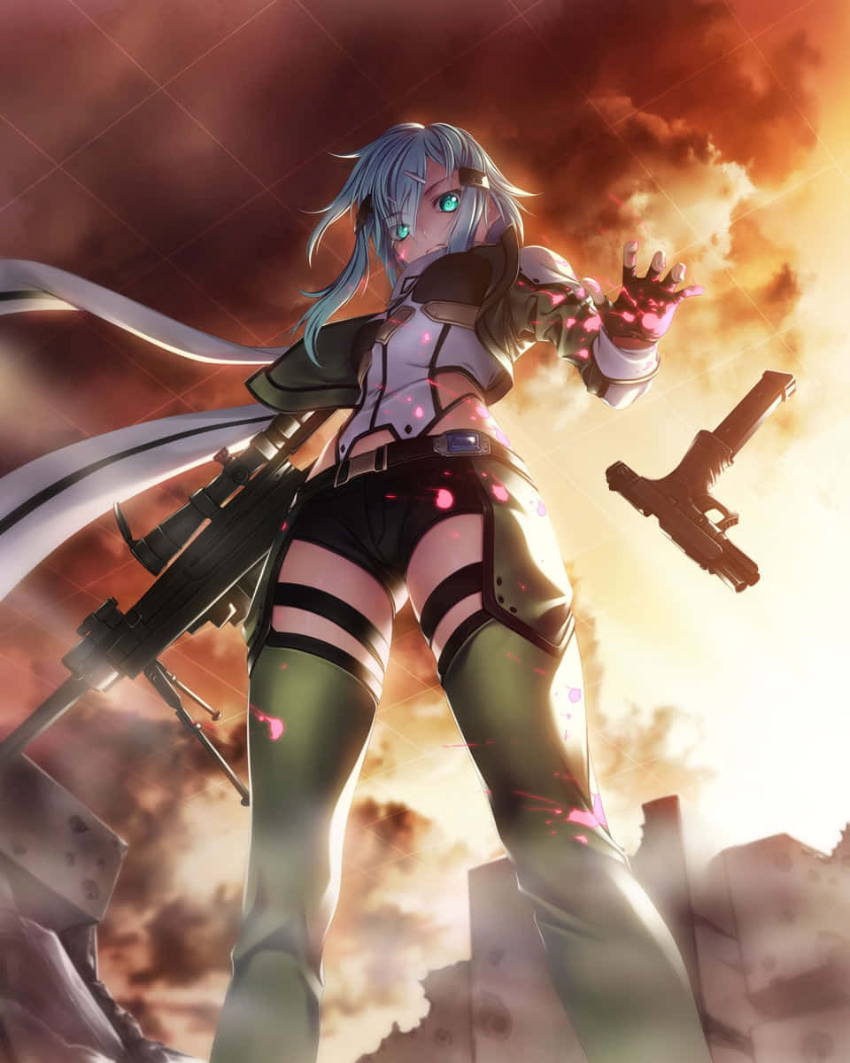 Sinon, blue-haired anime warrior, fiery sky, SD Phone Wallpaper