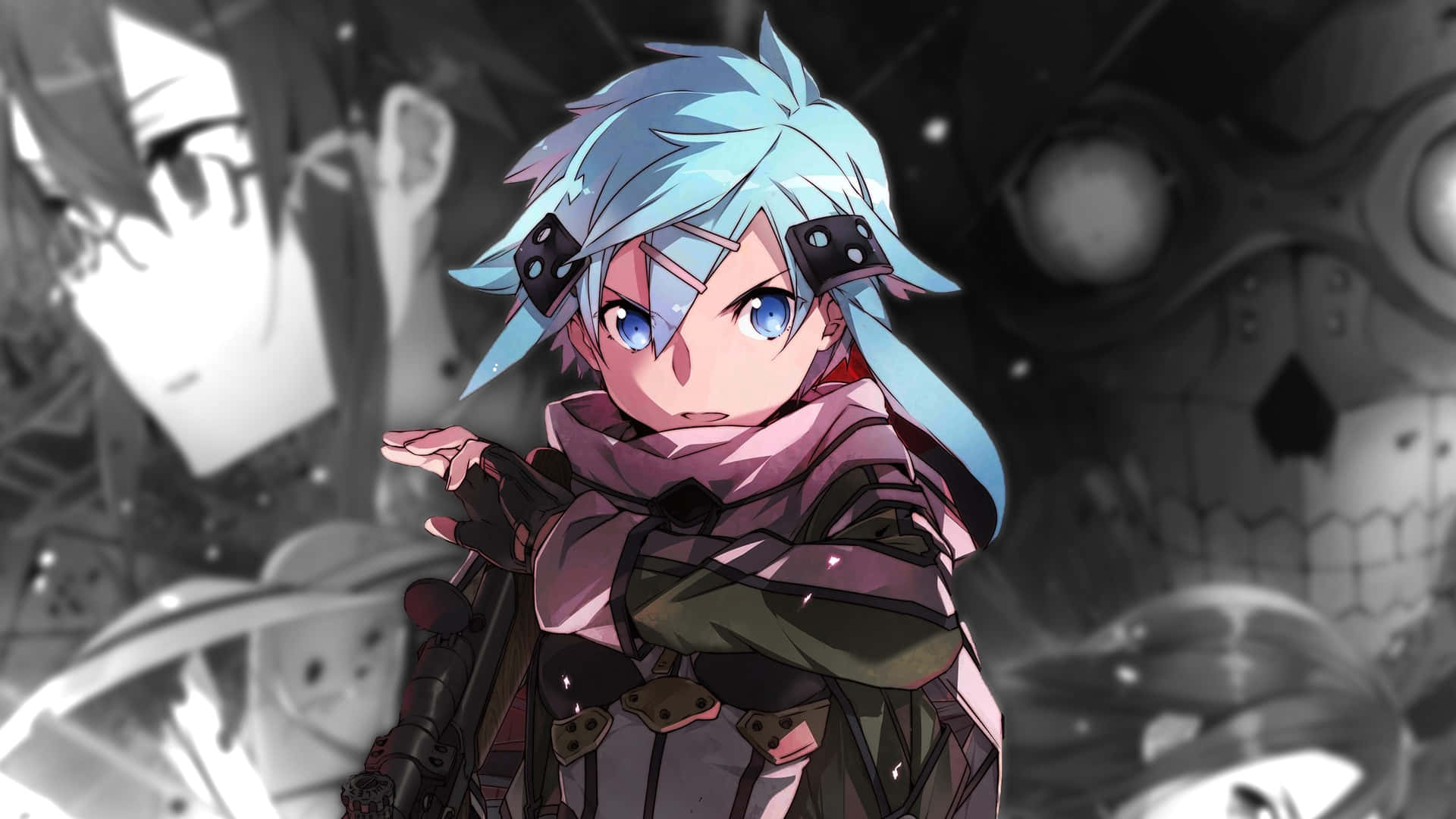 Sinon, blue-haired, bright eyes, Full HD Desktop Wallpaper