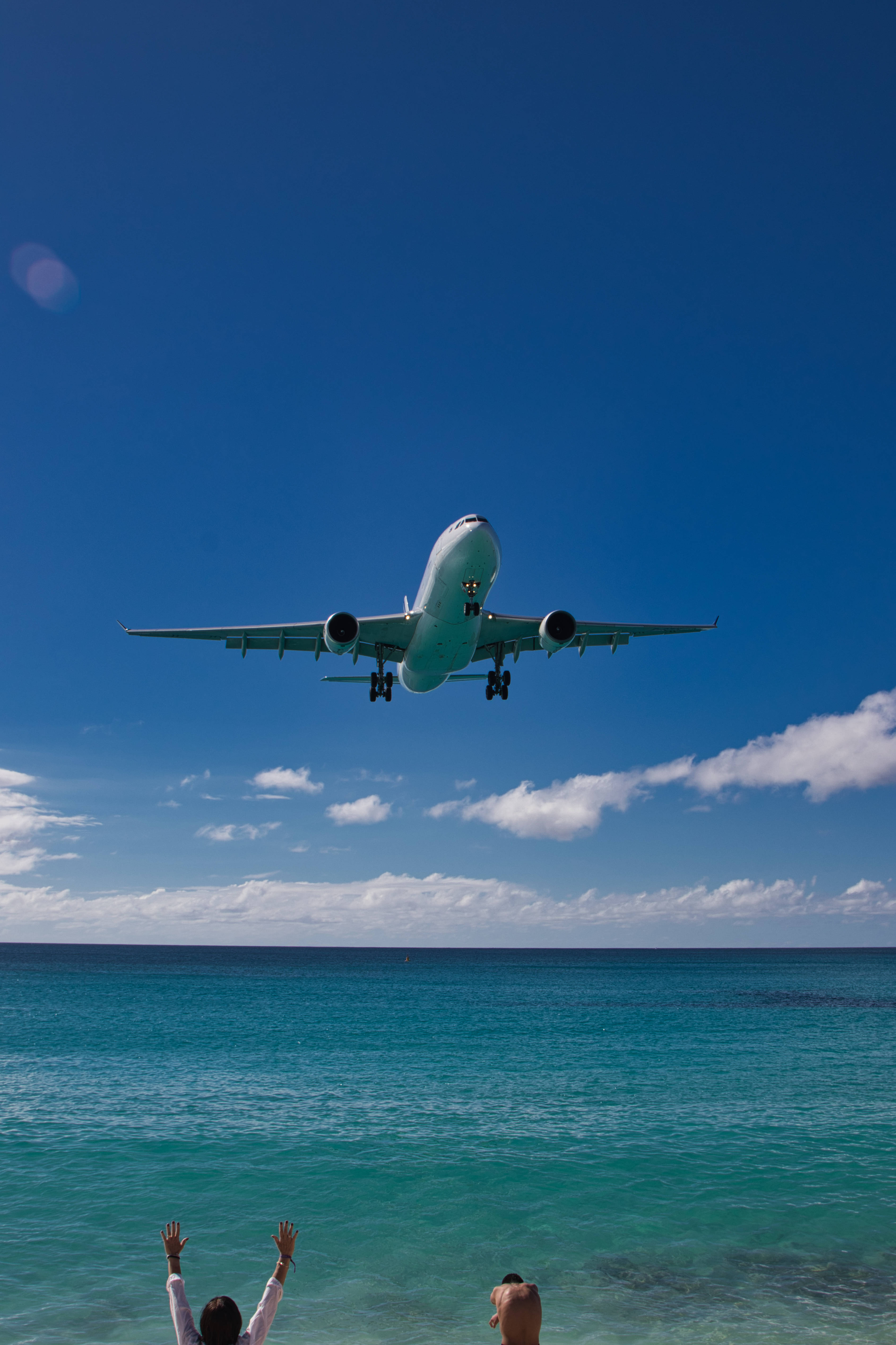 airplane, beach, turquoise ocean, 5K Phone Wallpaper