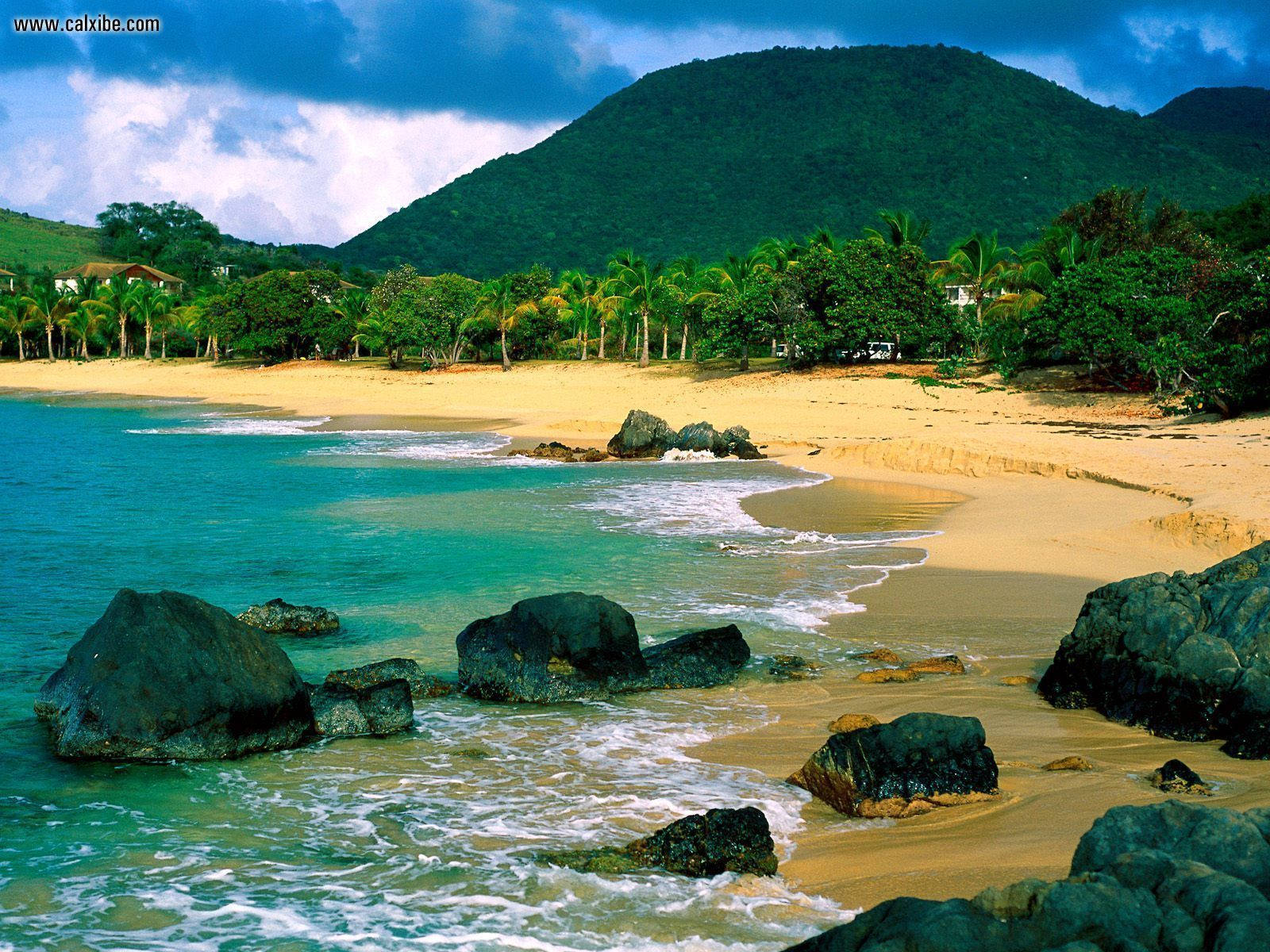Sint Maarten, turquoise waves, dark rocks, HD Desktop Wallpaper