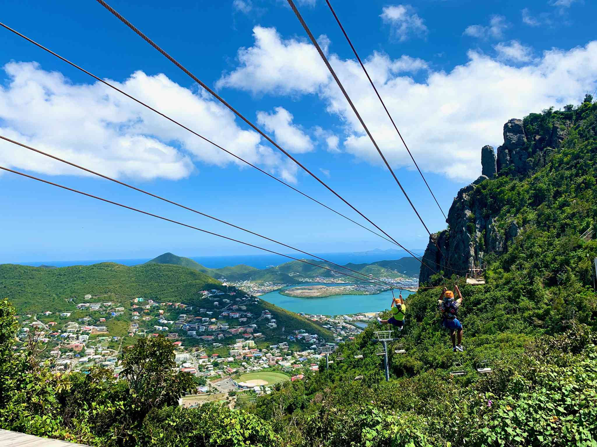 zipline activity, Sint Maarten, lush green mountains, Full HD Desktop Wallpaper
