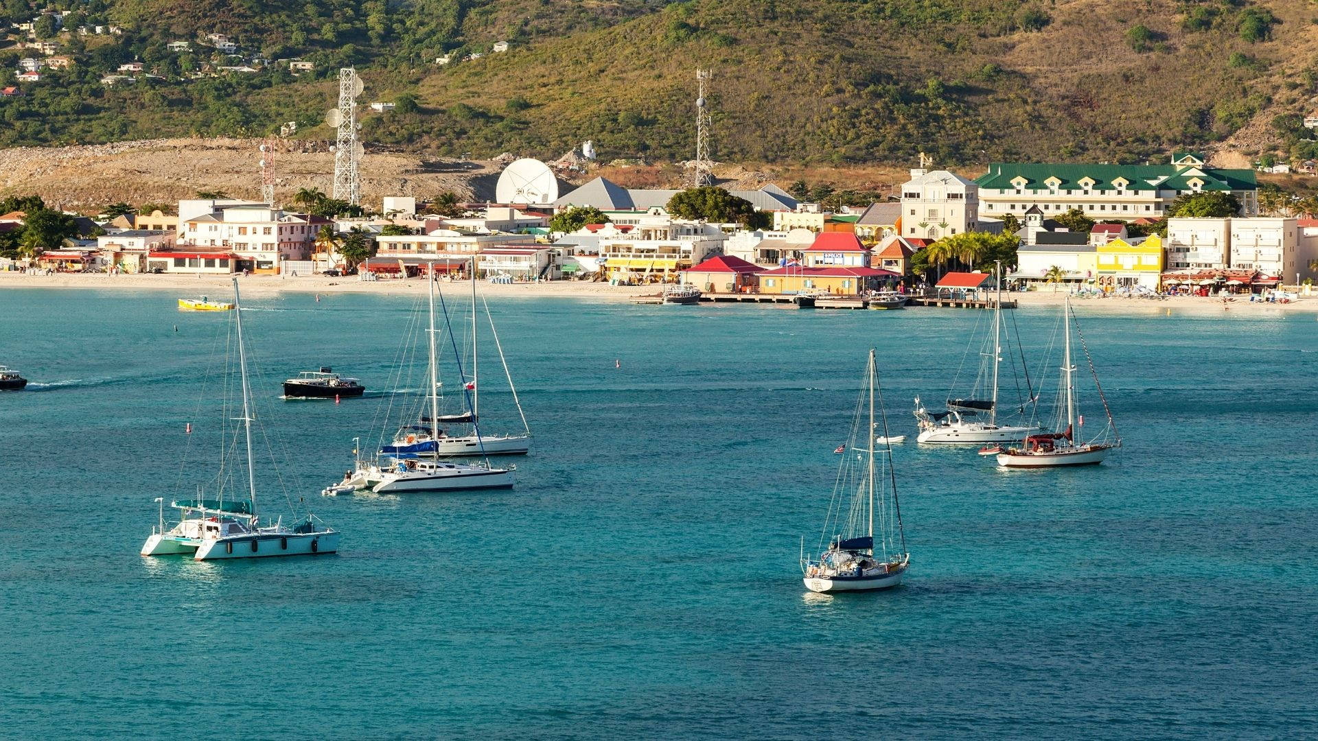 Sint Maarten, turquoise waters, colorful coastal town, Full HD Desktop Wallpaper
