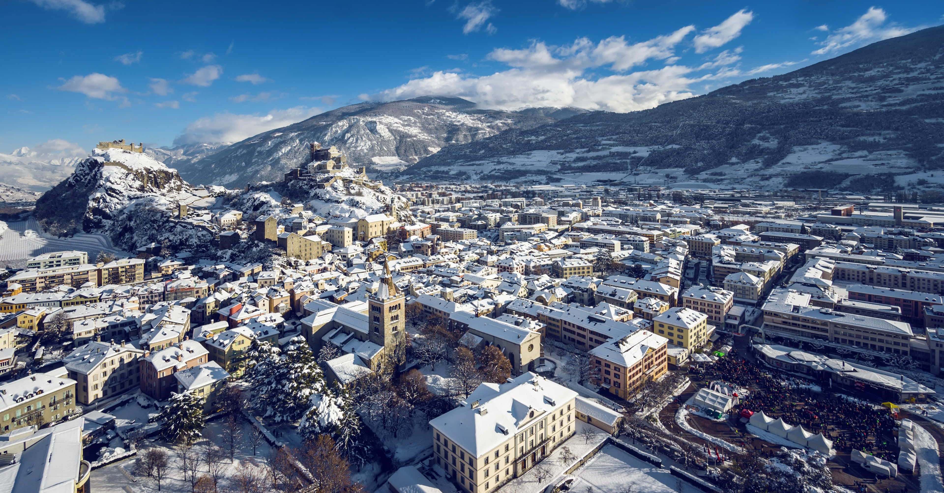 Sion, Switzerland, snow-covered mountain town, historic buildings, 4K Desktop Wallpaper