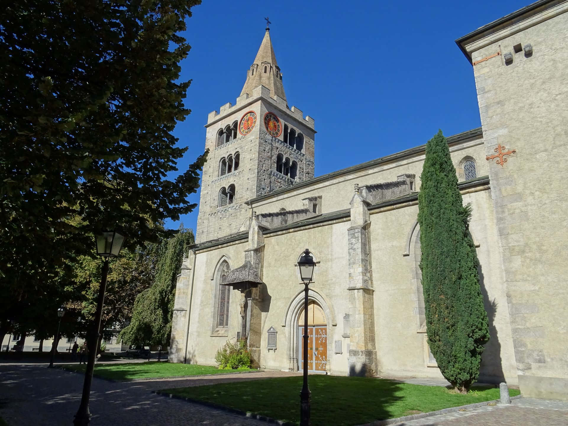 Sion Switzerland, historic stone church, tall clock tower, Full HD Desktop Wallpaper