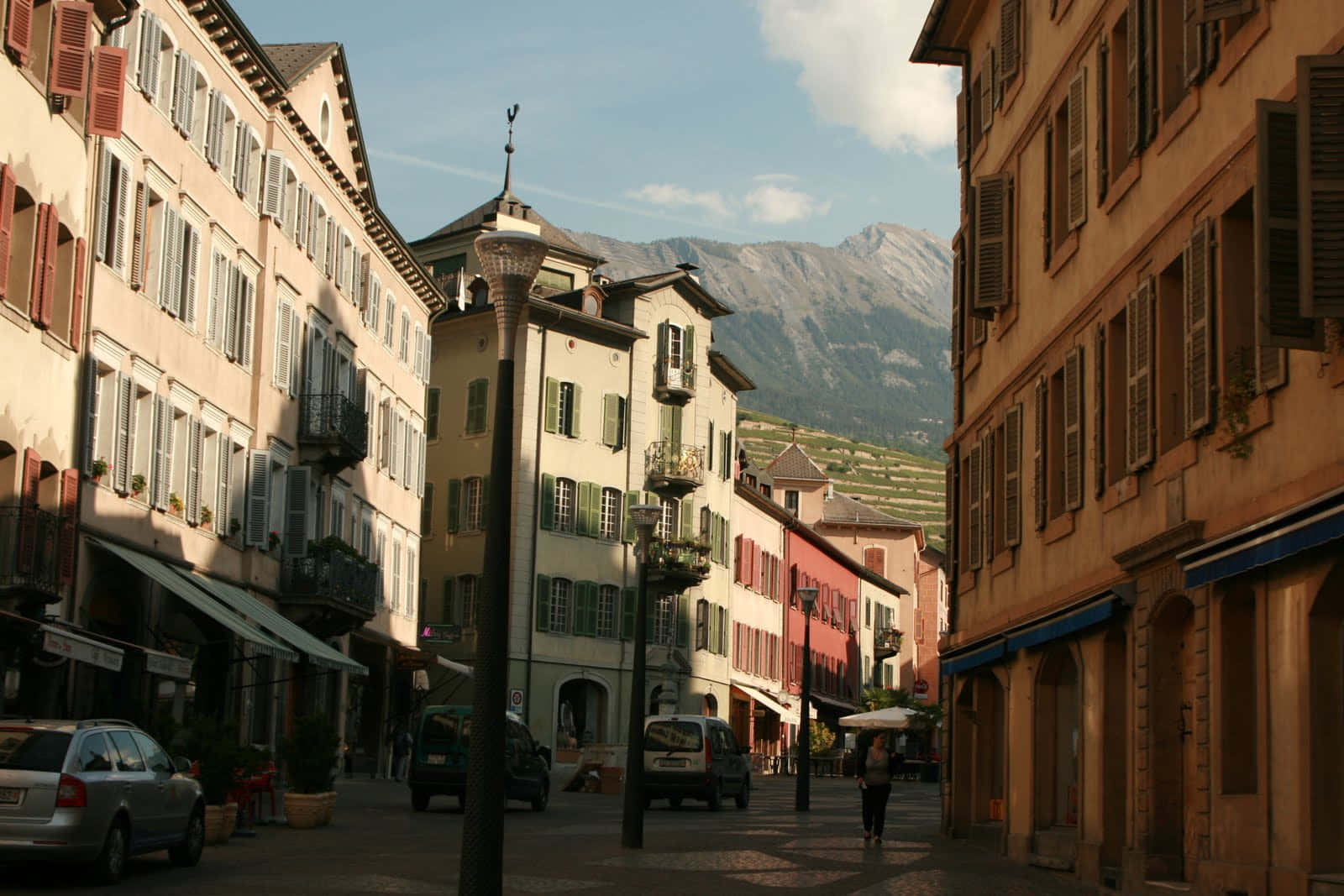 Sion Switzerland, historic town street view, pastel buildings, HD Desktop Wallpaper