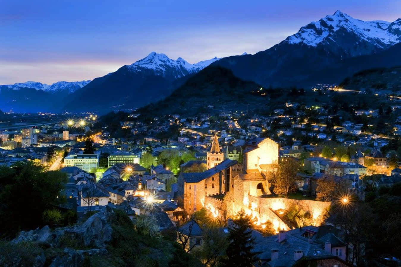 Sion Switzerland, twilight, mountain town, HD Desktop Wallpaper