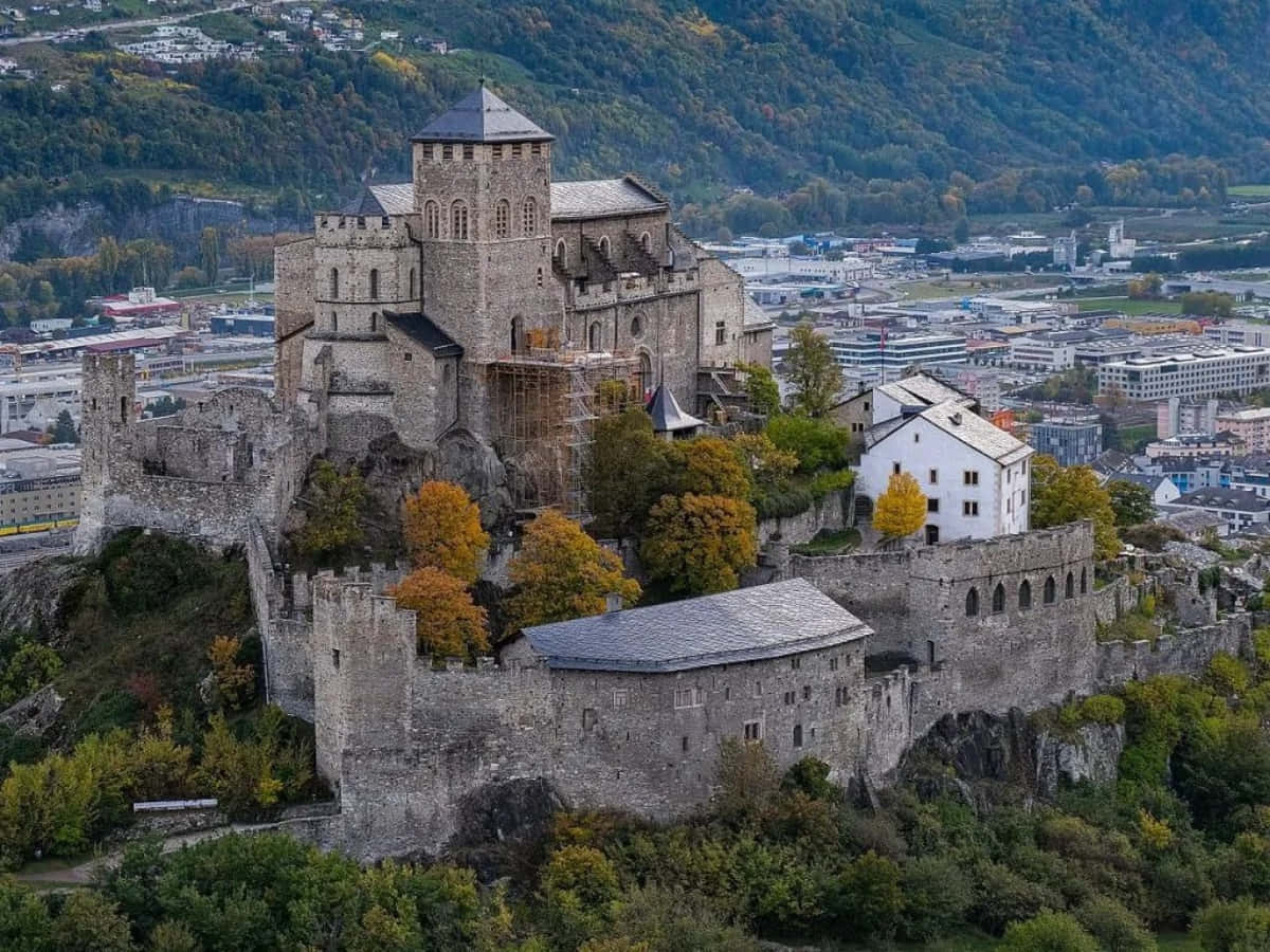 Sion Switzerland, stunning sunset, ancient stone castle, SD Desktop Wallpaper