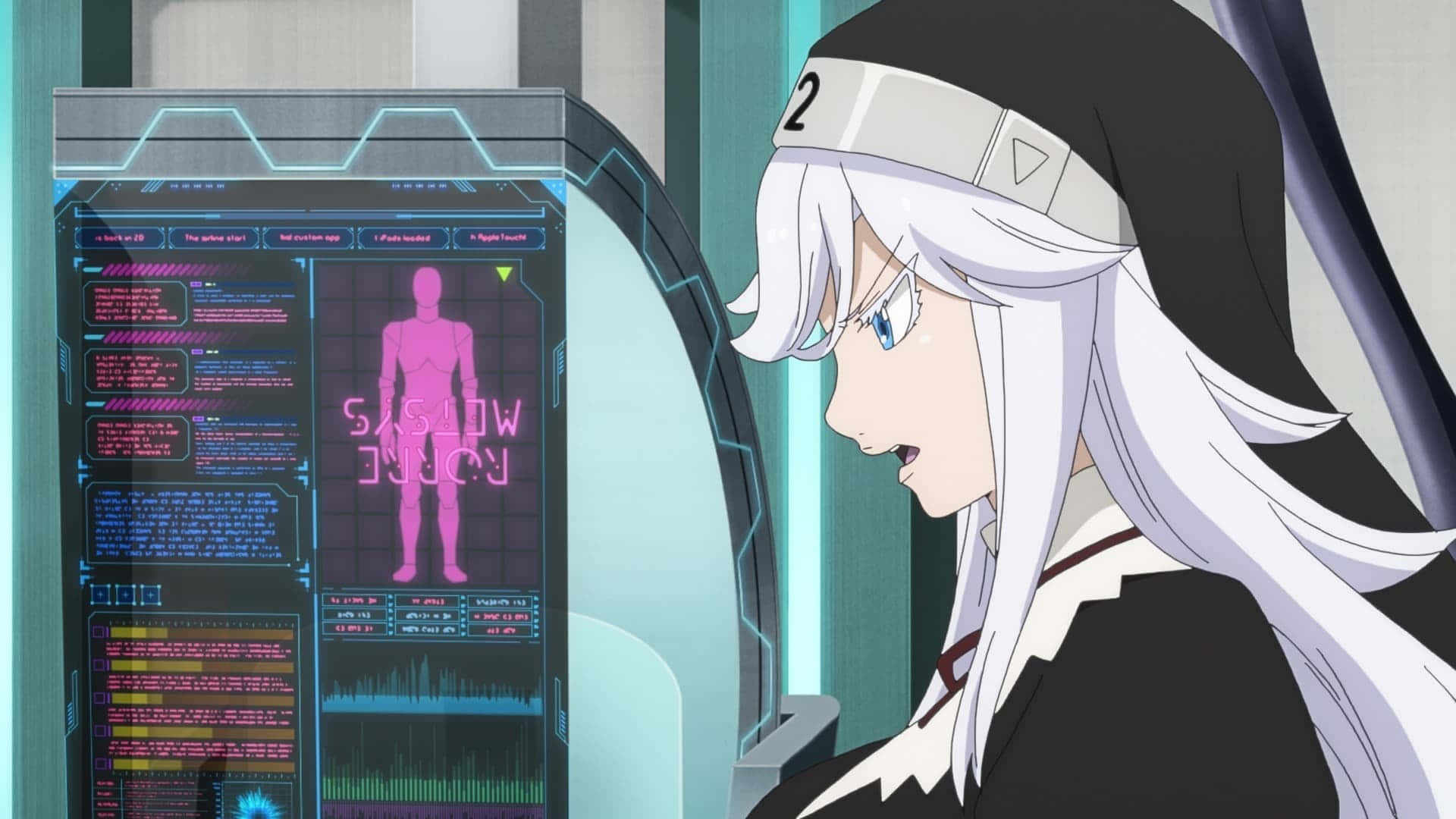 Sister Ivry, glowing blue and pink holographic medical scanner, pink human silhouette, Full HD Desktop Wallpaper