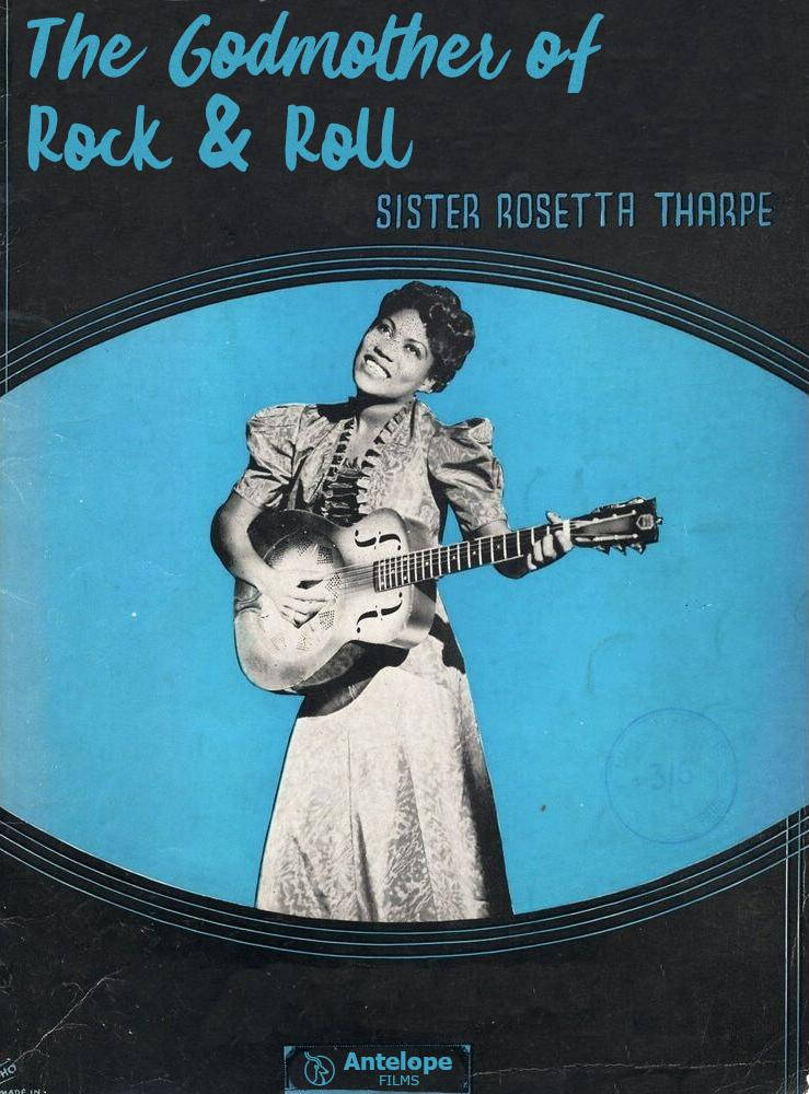 Sister Rosetta Tharpe, guitar, bold blue oval backdrop, SD Phone Wallpaper