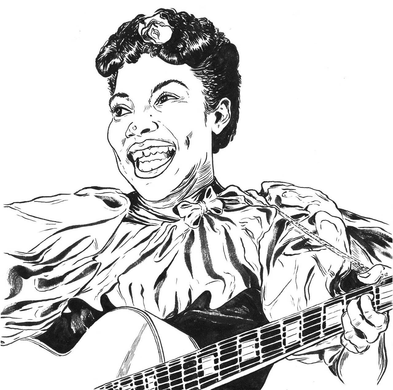 Sister Rosetta Tharpe, acoustic guitar, bold black and white line drawing, HD Desktop Wallpaper