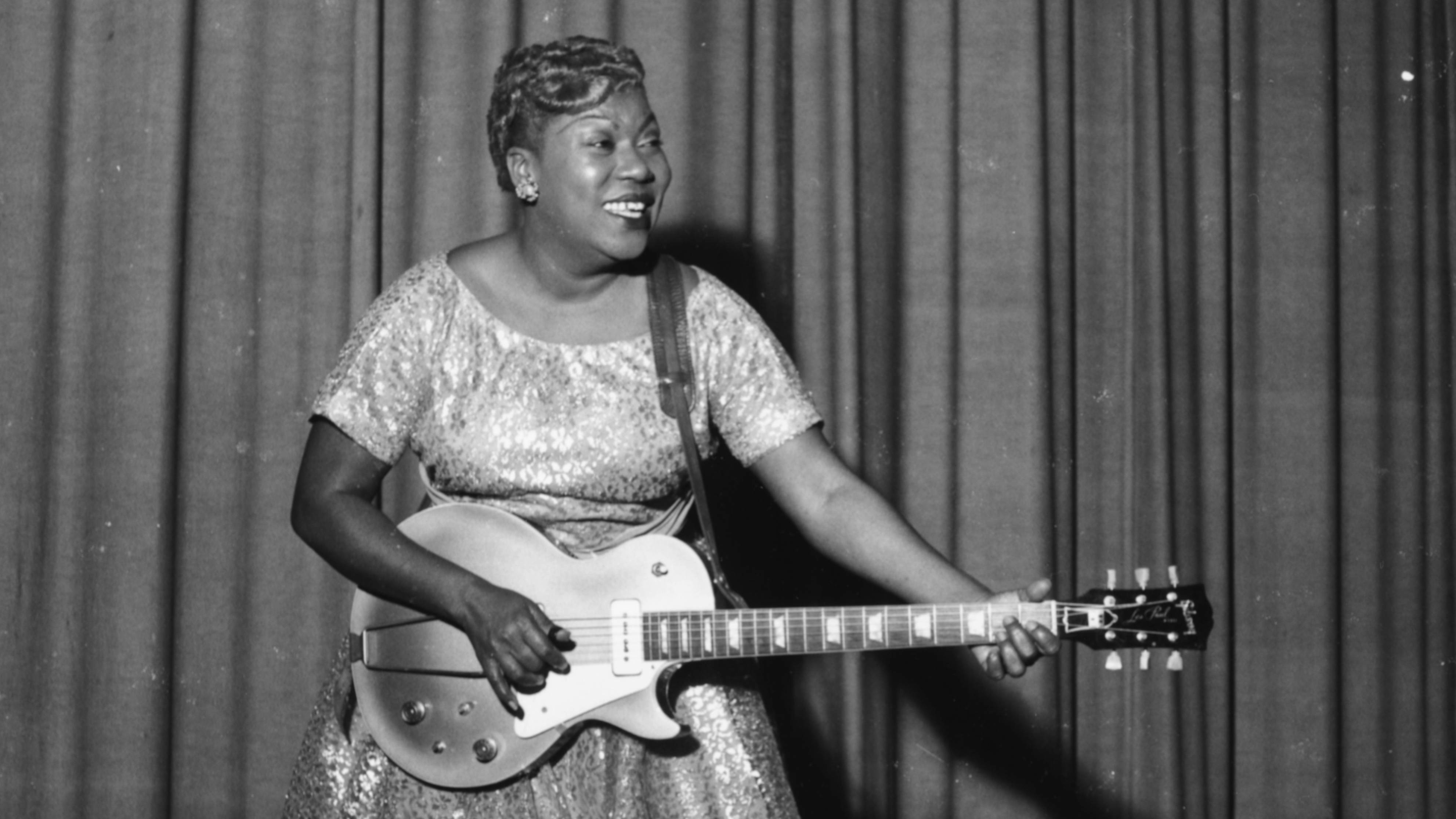 Sister Rosetta Tharpe, sequined dress, white electric guitar, 4K Desktop Wallpaper
