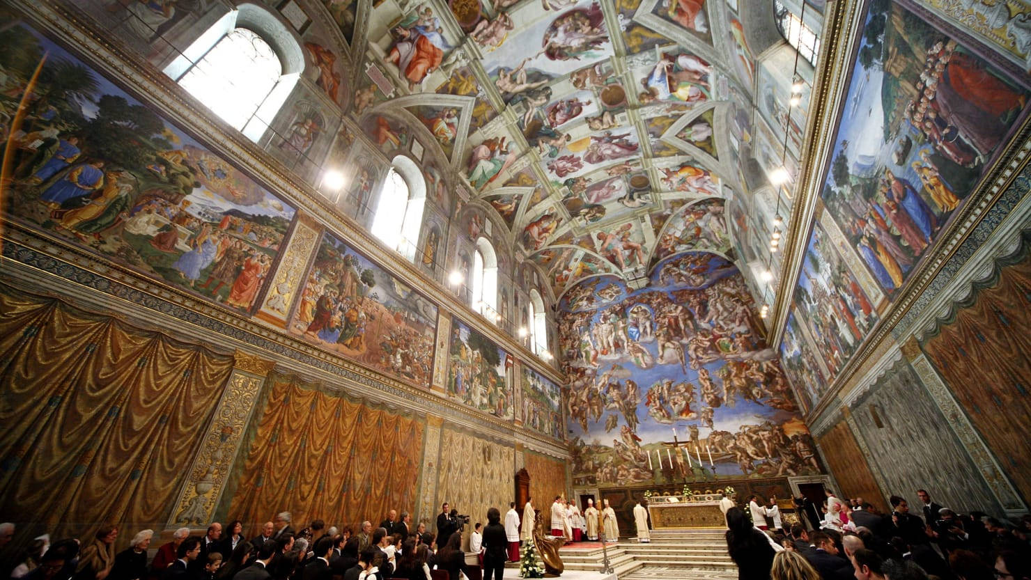Sistine Chapel, religious service, ornate frescoes, HD Desktop Wallpaper