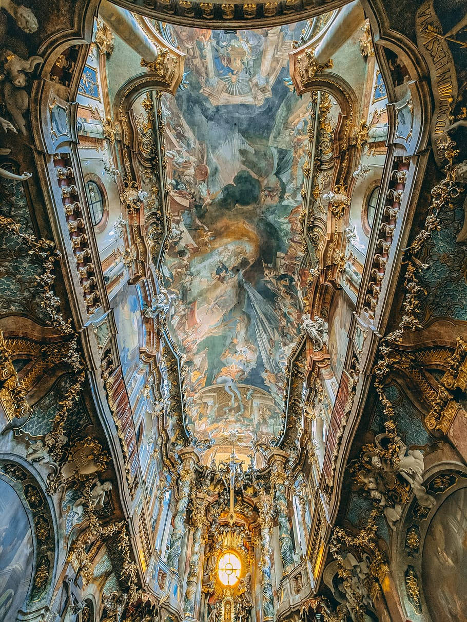 Sistine Chapel, baroque cathedral ceiling, golden frescoes, SD Phone Wallpaper