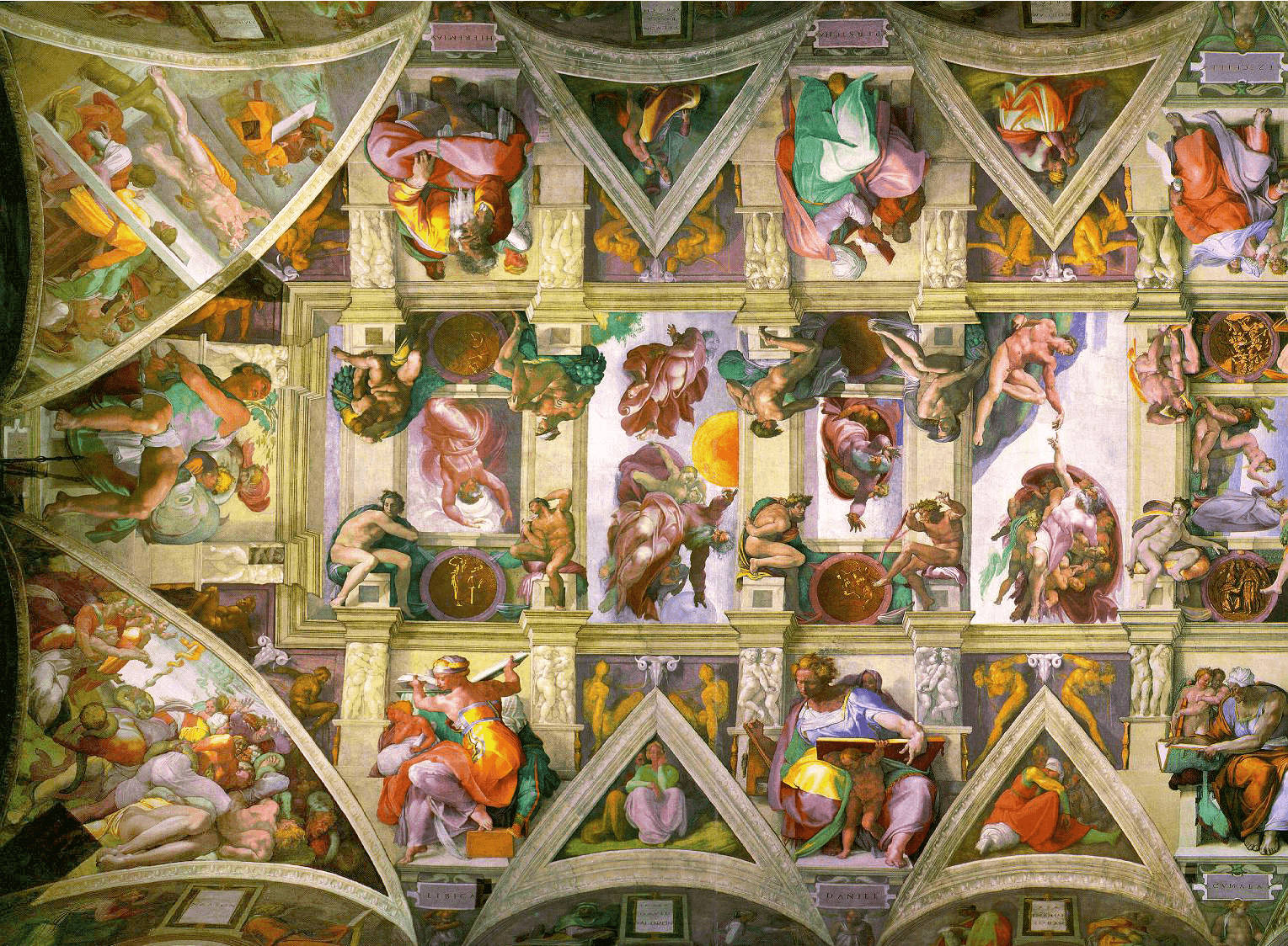 Sistine Chapel, colorful frescoes, mythological figures, HD Desktop Wallpaper